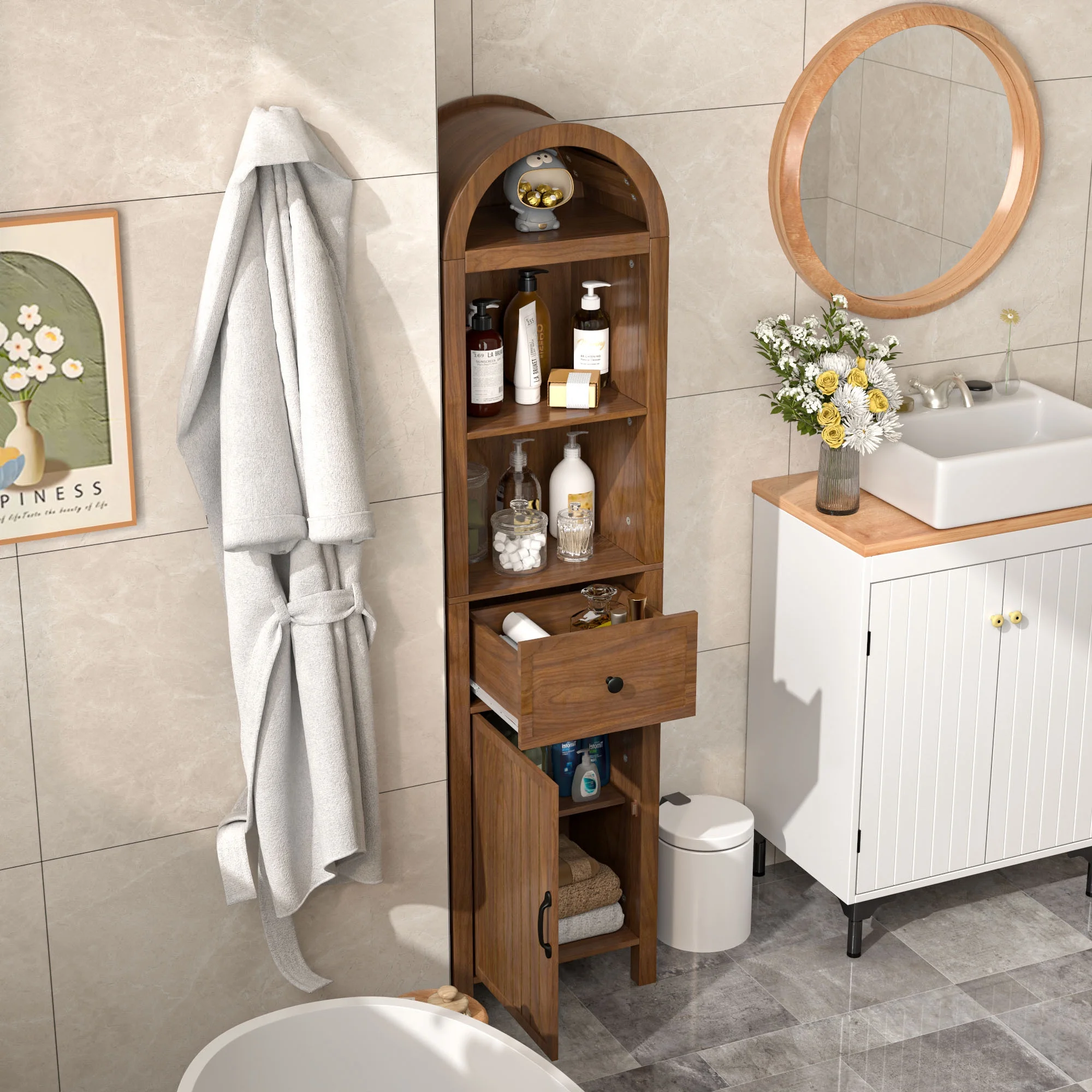 Tall Bathroom Storage Cabinets with Doors and Shelves, Narrow Tall Linen Cabinet with Drawer(Walnut) - Image 6