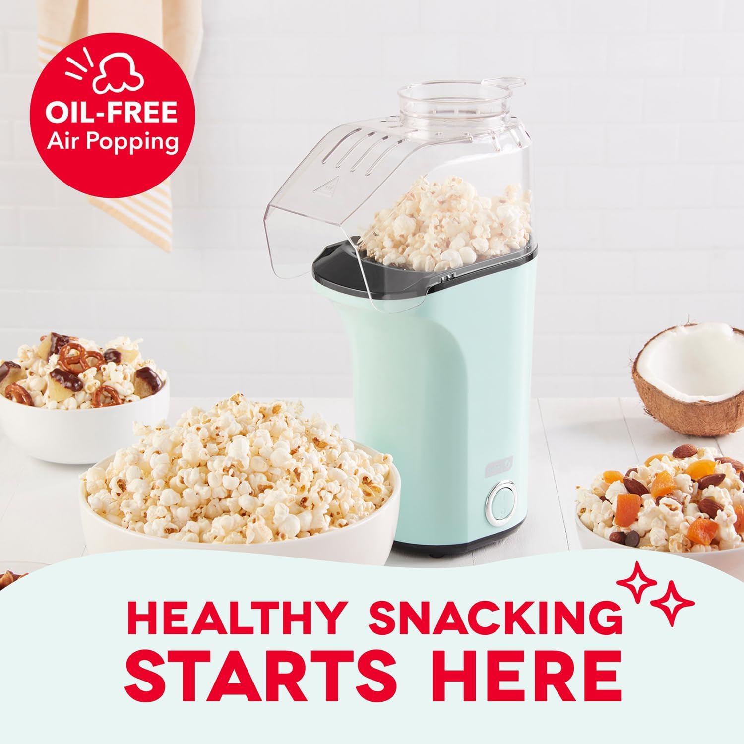 Dash Fresh Pop Popcorn Maker, 16-Cup Hot Air Popper, Aqua| Electric Popcorn Machine, Oil-Free Air Popped Popcorn, Built-In Measuring Cup & Butter Melting Tray, Movie Night Snacks