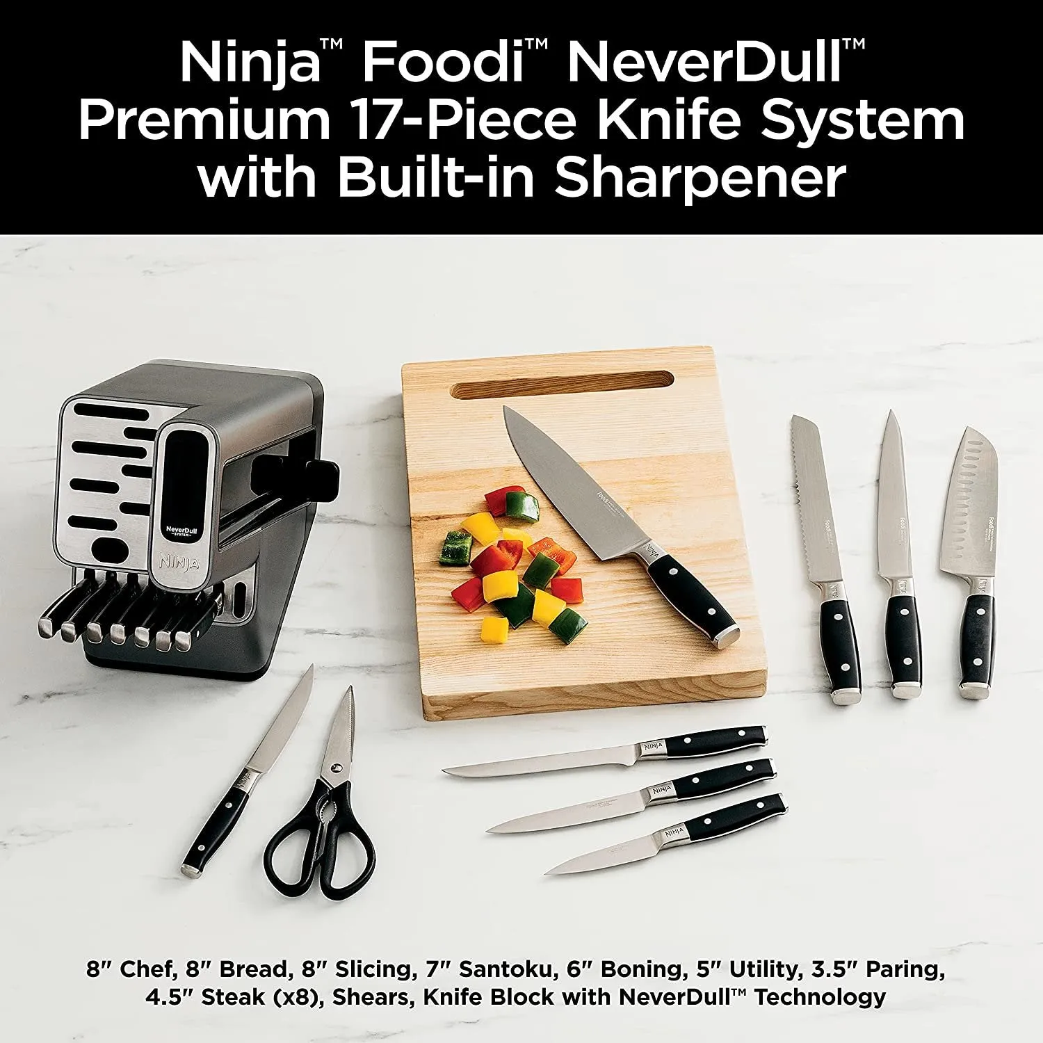 Ninja K32017 Foodi NeverDull Bloc de 17 couteaux haut de gamme avec affûteur intégré, acier inoxydable/noir