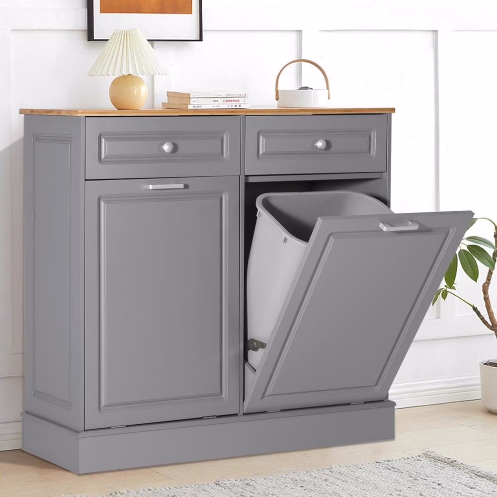 20 Gallons Double Tilt Out Trash Cabinet Wood Tabletop, Upgrade Gray, WB010GY(Upgrade Gray)