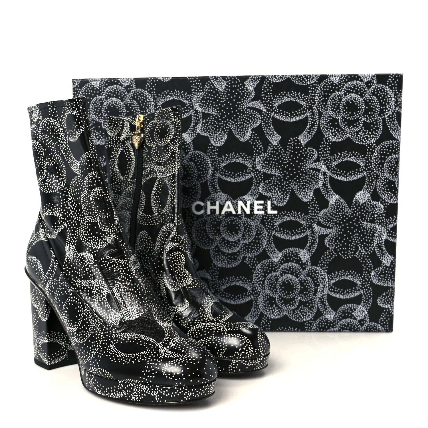 Calfskin Camellia Printed Ankle Boots 39 Black White