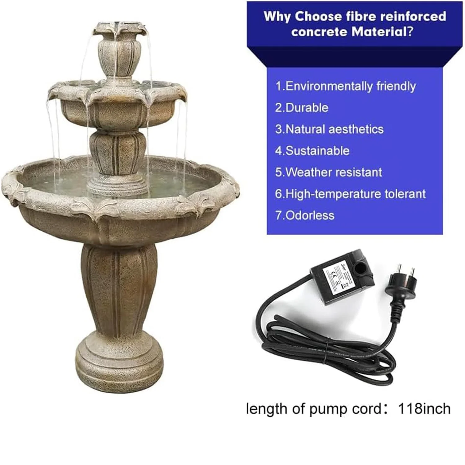 48�?H Outdoor Floor Water Fountain, 3-Tiers Concrete Water Fountain with Submersible Electric Pump Garden Cascading Waterfall for Yard Patio Lawn Home Decor(Brown 1) - Image 8