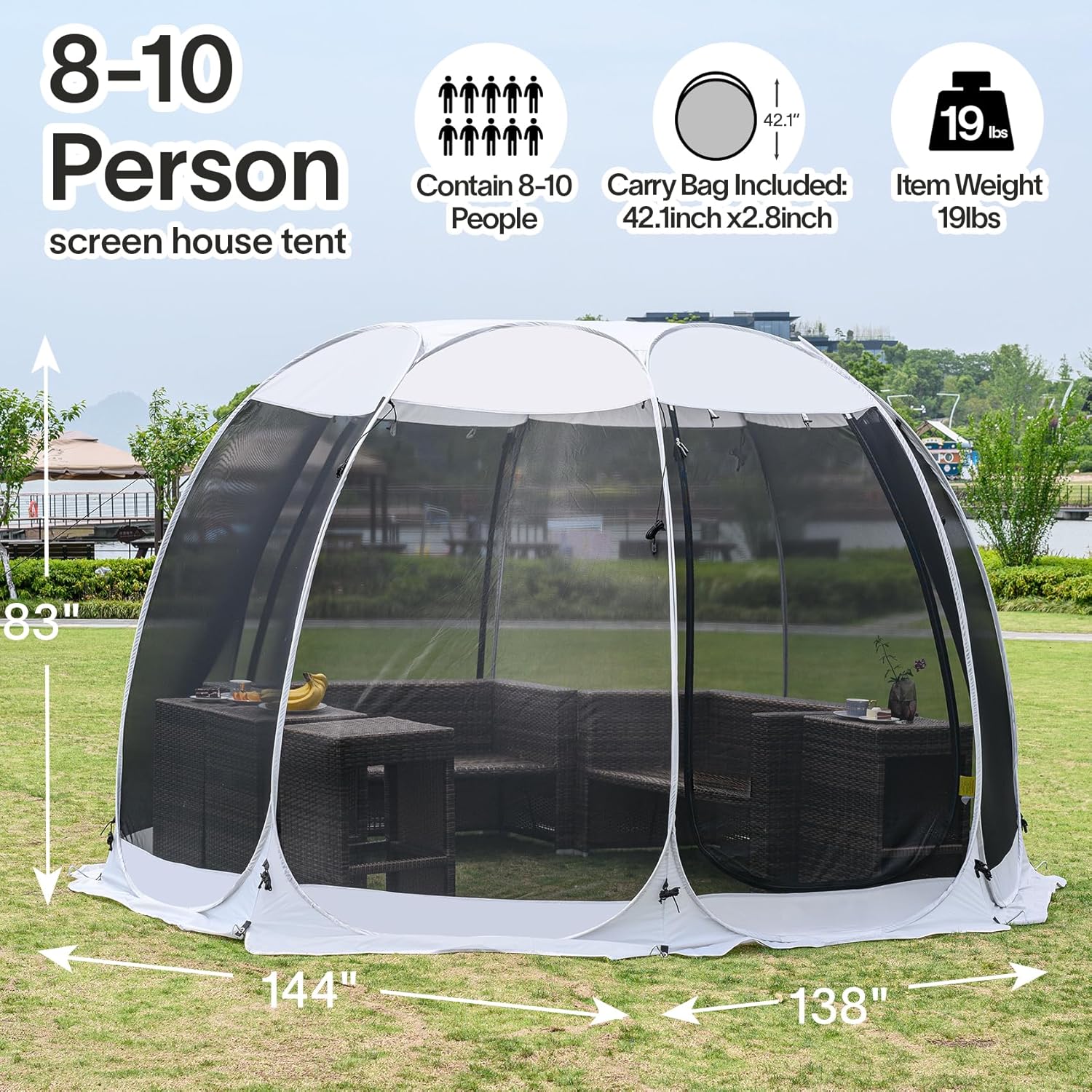 Gazebo moustiquaire pouvant accueillir 6, 10 ou 15 personnes. Tente de style igloo avec moustiquaire latérale. Idéal