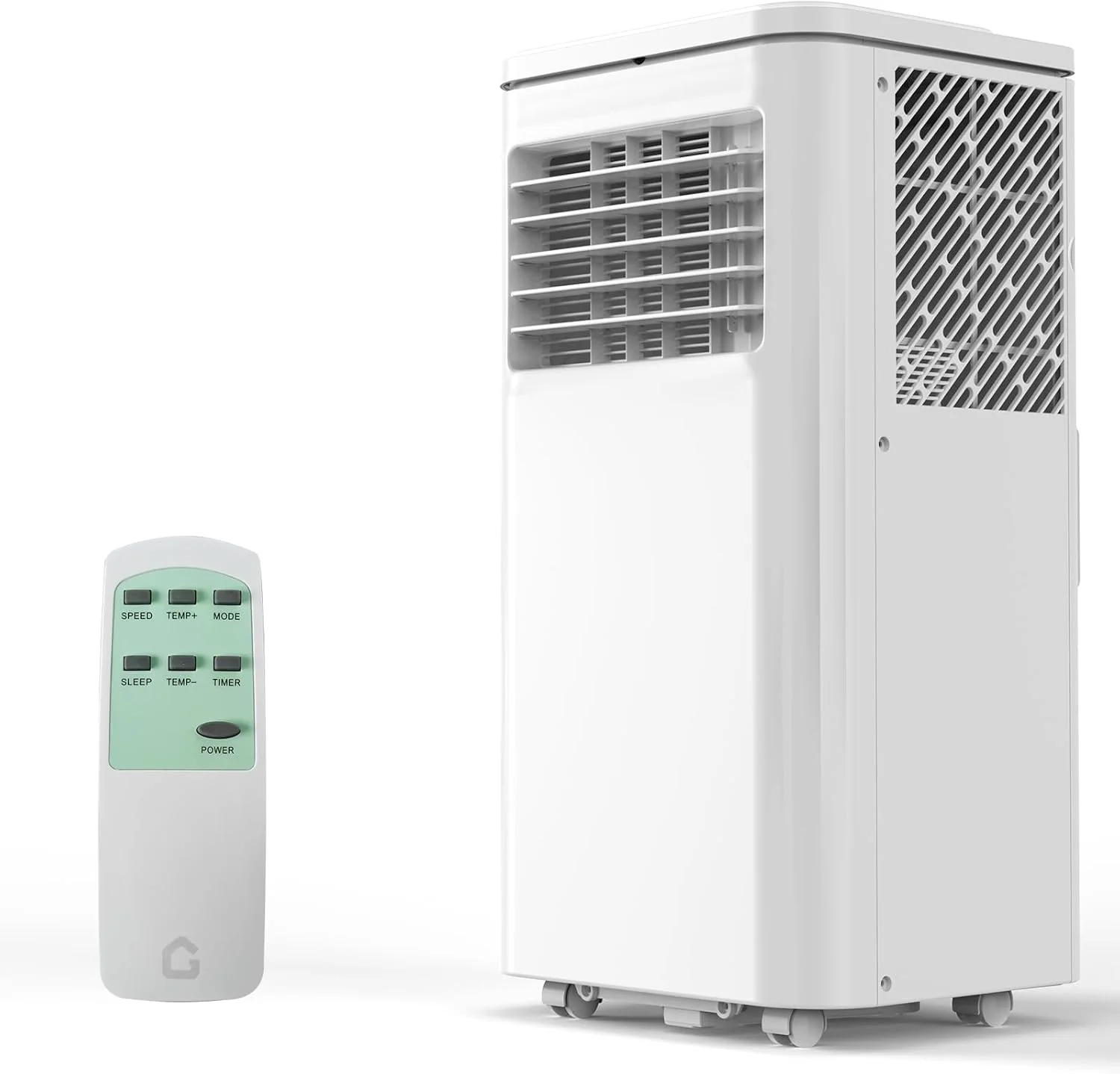 Climatiseur portable 8 000 BTU, silencieux et performant, capable de rafraîchir jusqu'à 350 pi² (environ 32,5 m²), avec déshumidificateur, minuterie 24 h, modes sommeil, unité 3 en 1 et télécommande. Idéal pour chambre, bureau ou appartement.