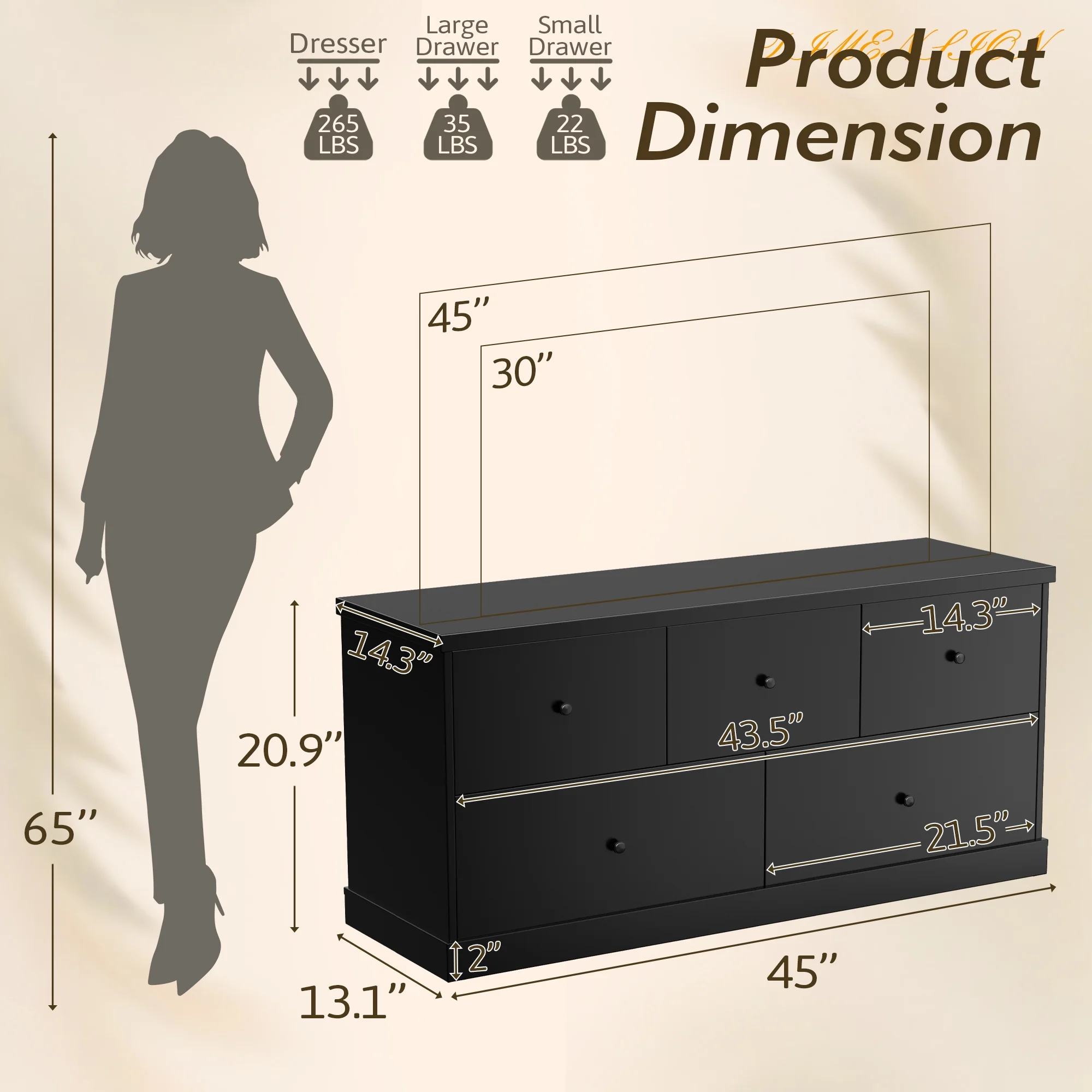 5 Drawer Dresser Wood Storage Cabinet Double Tier Chest of Drawer TV Stand for Bedroom, Living Room, Black(Short/Black) - Image 9