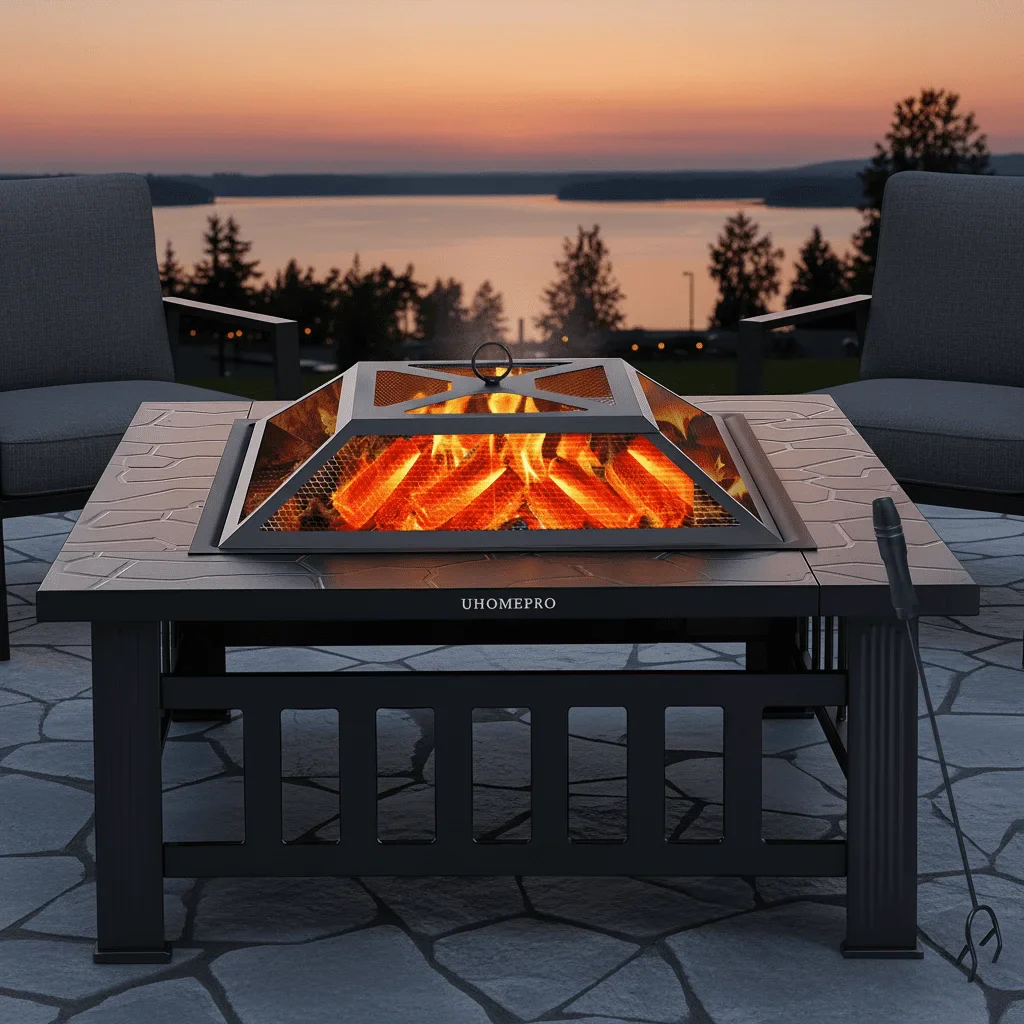 Fire Pits for Outside, UHOMEPRO 32 Square Iron Fire Pit Backyard Patio Garden Stove Wood Burning Fire Pit w/ BBQ Net, Waterprrof Cover, Mesh Screen Lid, Wood Grate, Poker, Durable Fire Pit