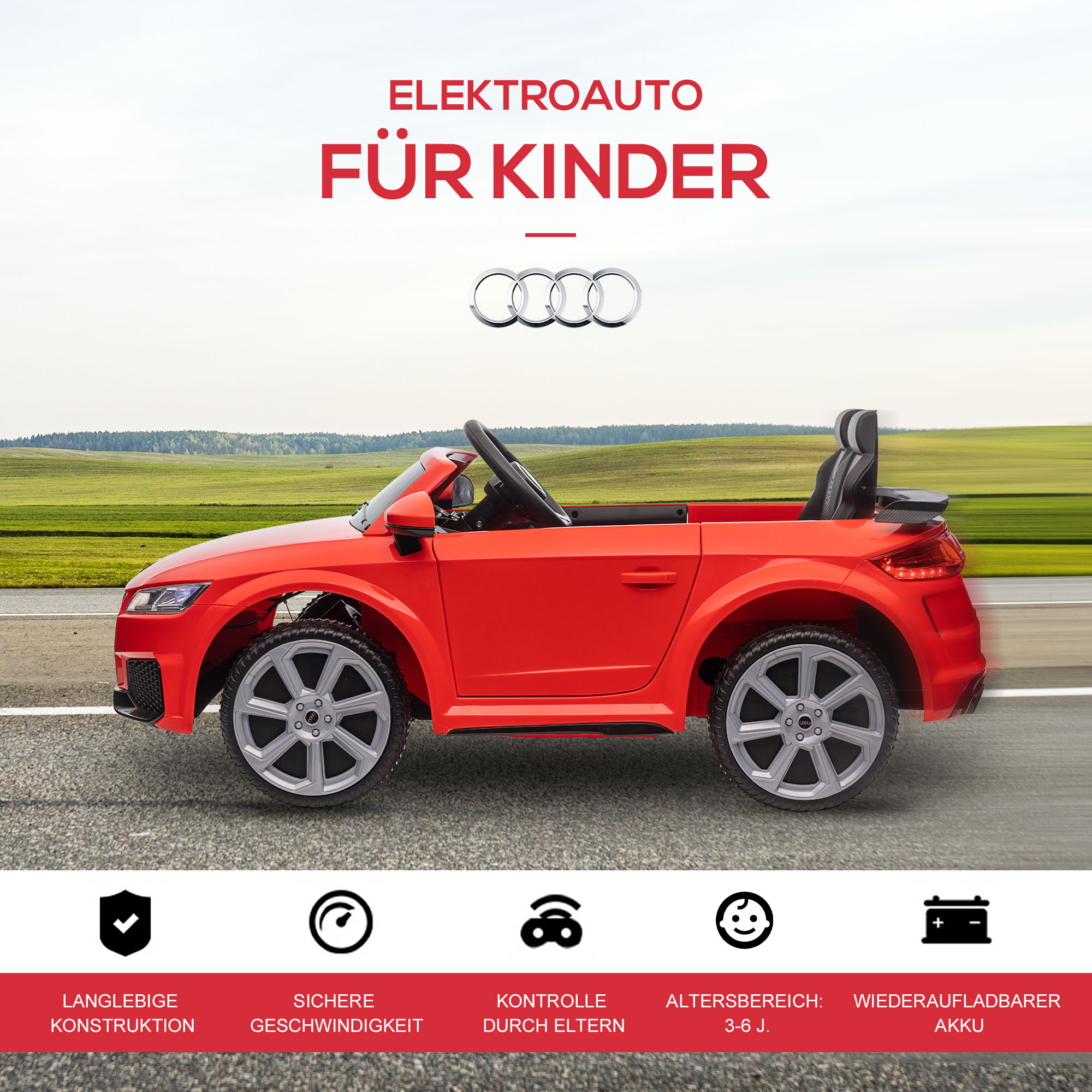 HOMCOM® kindervoertuig elektrische auto Audi TT RS afstandsbediening MP3 3-8 jaar PP rood 103 x 63 x 44 cm | Aosom.de