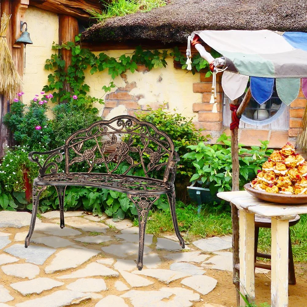 Courtyard Park Outdoor Patio Bench Leisure Rose Cast Aluminum Chair, Metal Loveseat Bench for Garden Patio, Porch, Deck, Bronze(Bronze) - Image 8