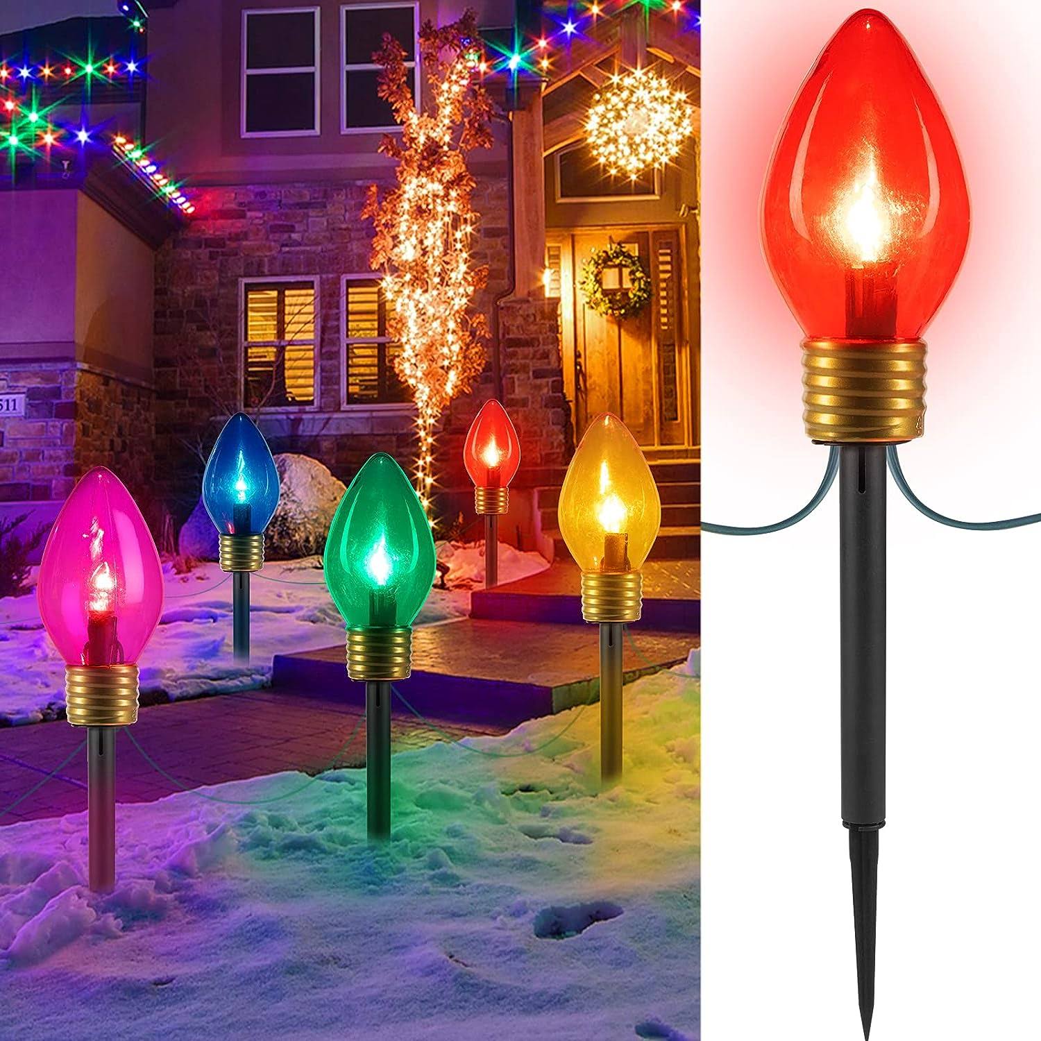 Jumbo C9 Christmas Lights Outdoor Decorations Lawn with Pathway Marker Stakes, 8.5 Feet LED Lights Covered Jumbo Multicolored Light Bulb for Holiday