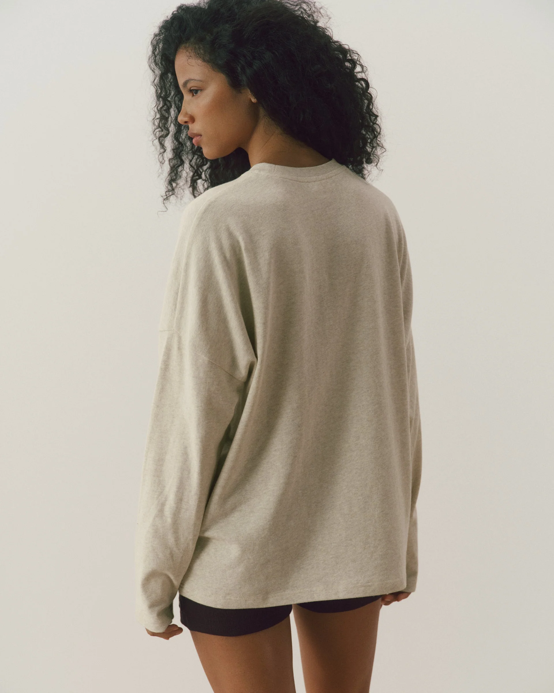Varsity Long Sleeve Drop Shoulder T-shirt - Oat Melange/Coffee Bean