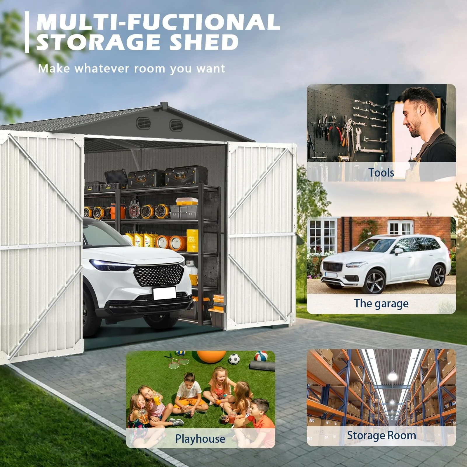 13 Ft. X 20 Ft. Dark Grey Metal Garden Storage Shed Building Car Garage(6' x 8' FT) - Image 4