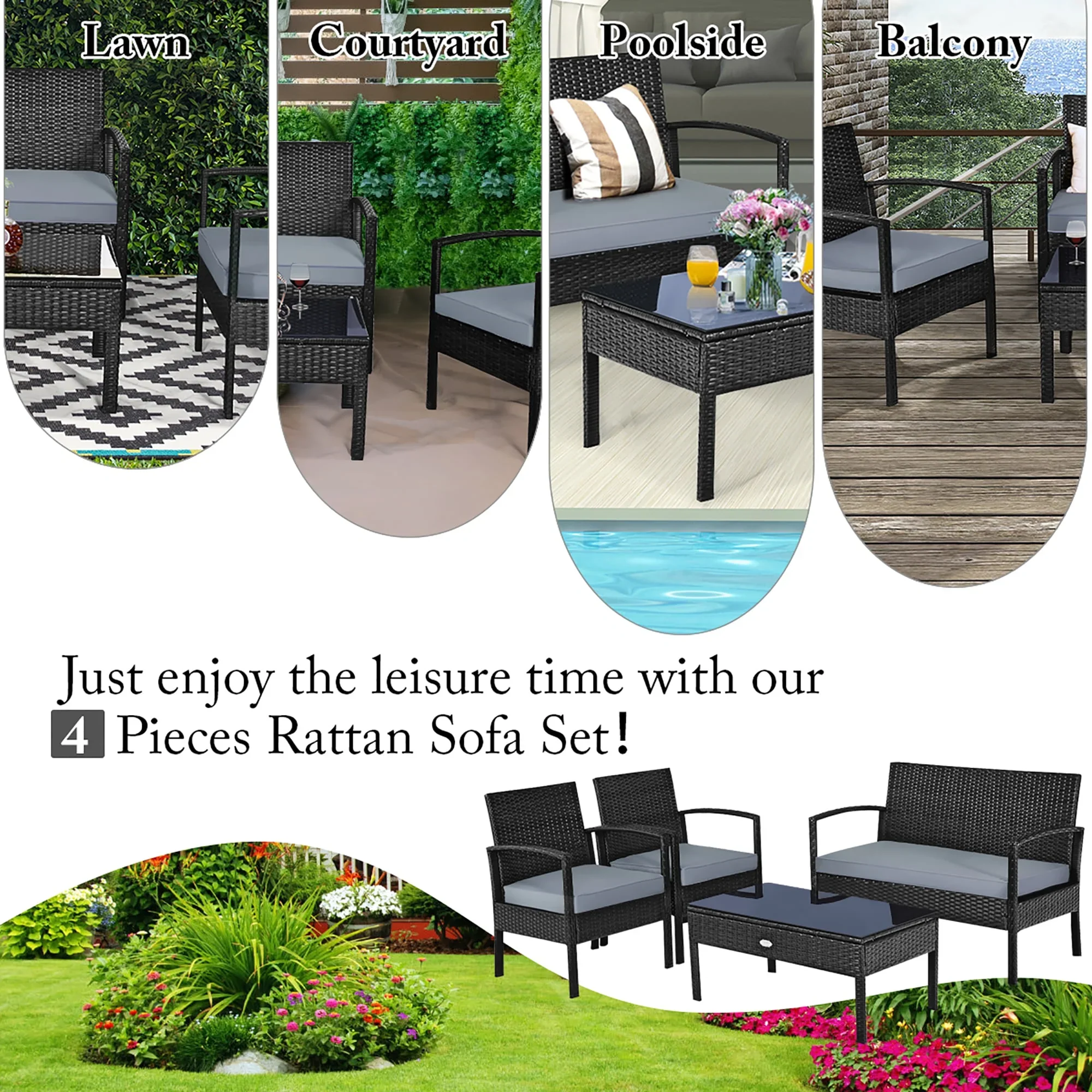 Costway 4PCS Patio Rattan Wicker Furniture Set Loveseat Sofa Cushioned Garden Yard Brown