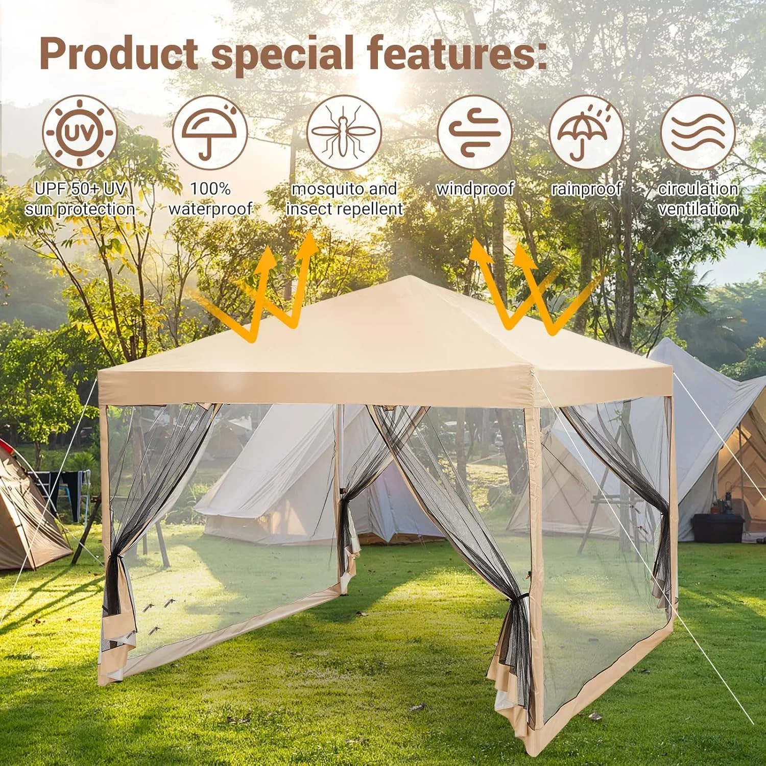 Studyset 10x10ft Easy Pop-Up Canopy, Pop Up Commercial Pop-Up Gazebo Tent, Waterproof Outdoor Screen Tent with Mesh Mosquito Netting Side Walls for Parties, Camping, Garden, Outdoor