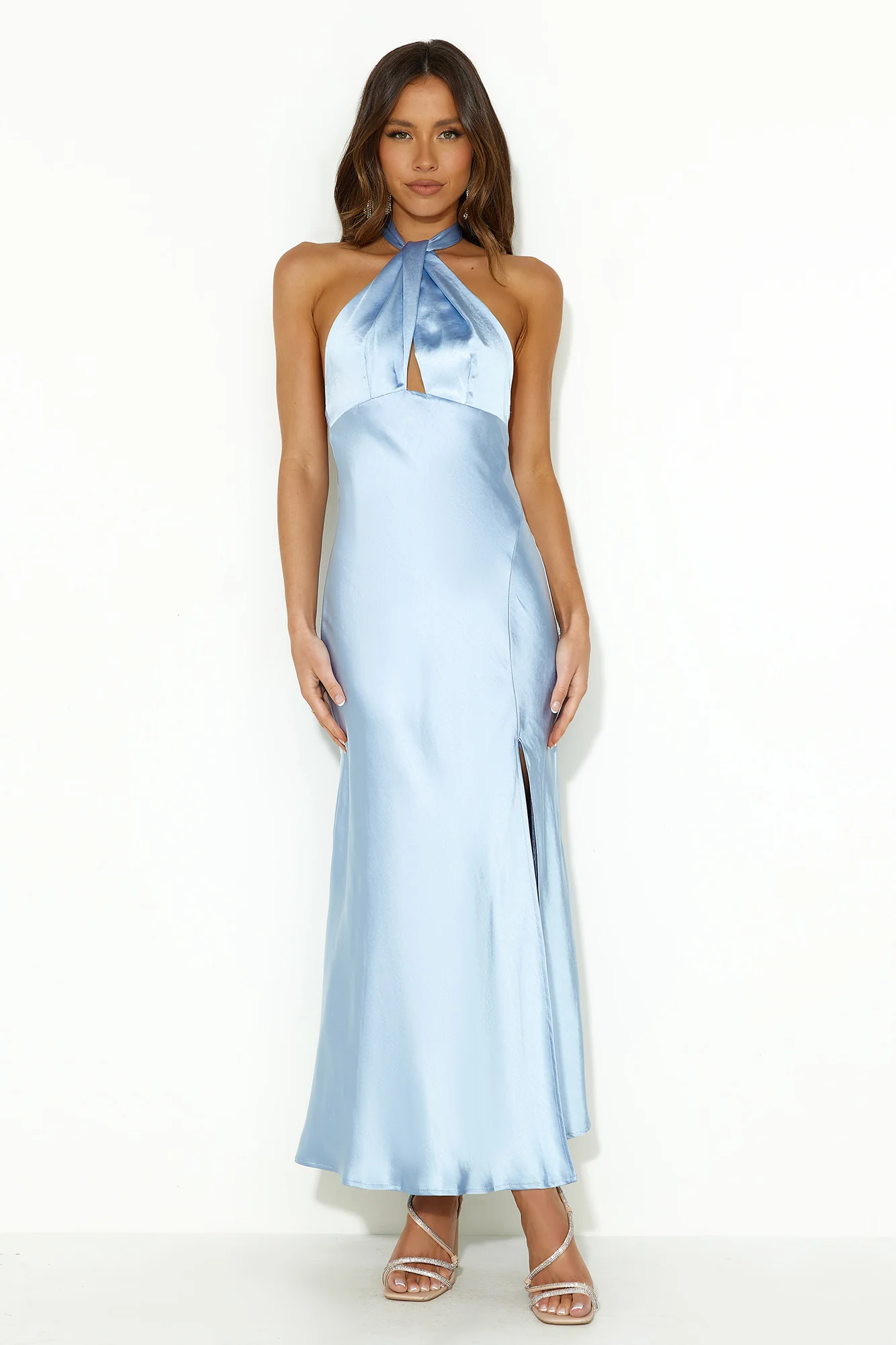 High Shine Nights Halter Satin Maxi Dress Blue