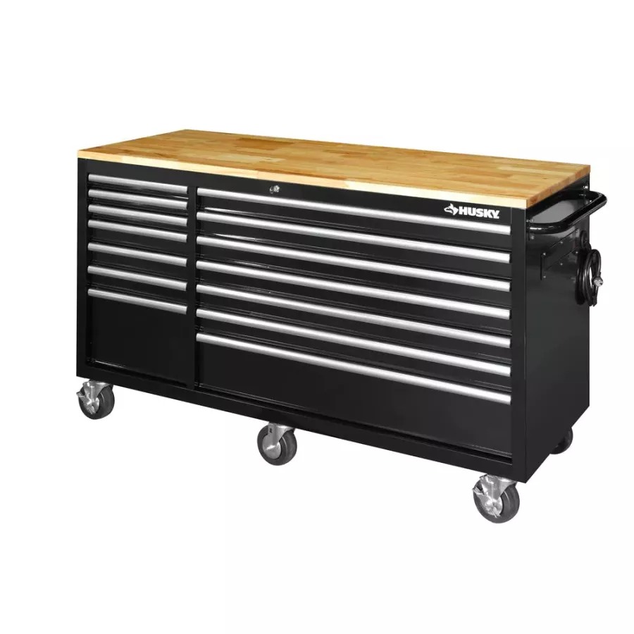 Établi mobile avec coffre à outils profond à 14 tiroirs, 157 cm de large, finition noir brillant et plateau en bois massif