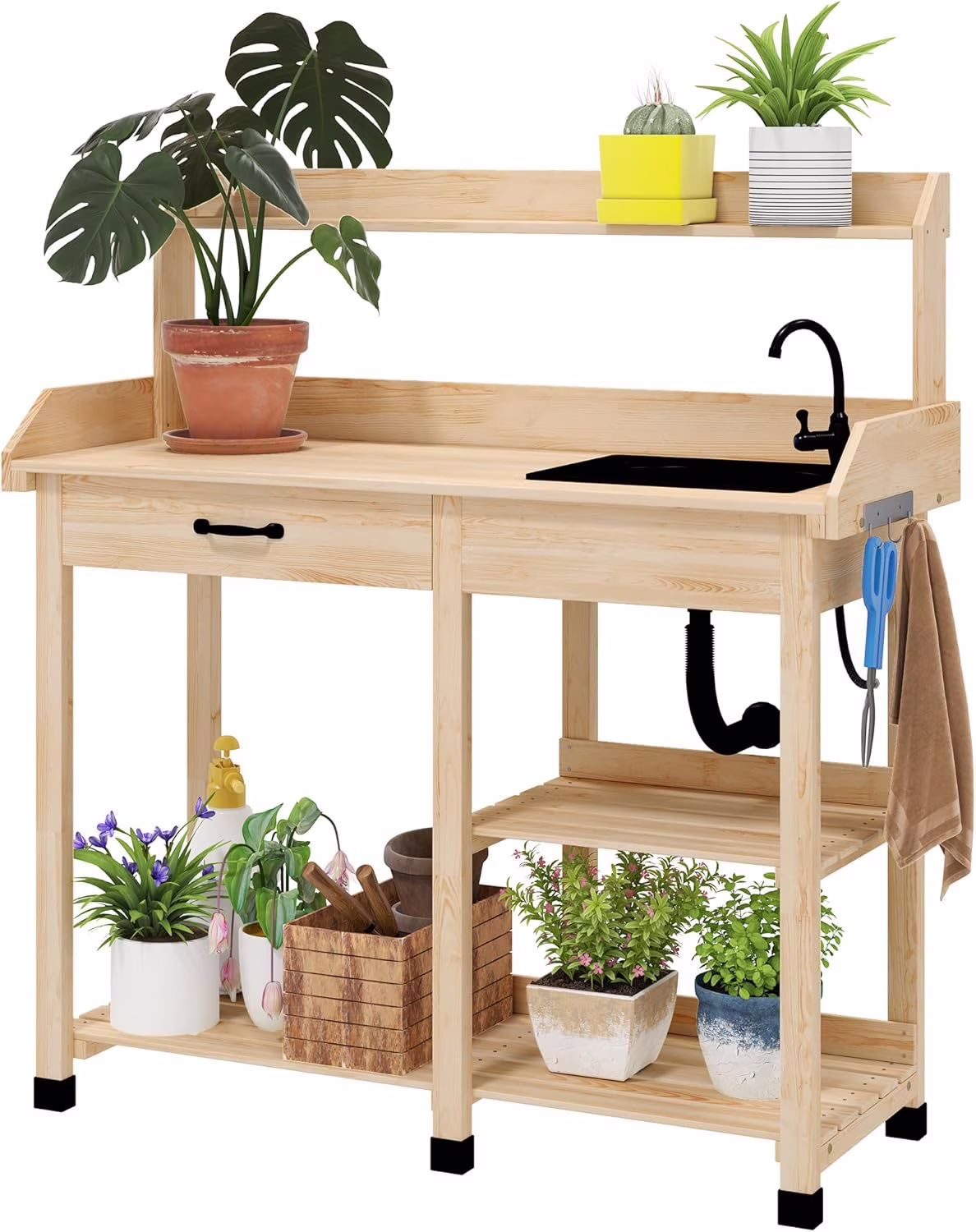 SSYBAB Potting Bench Table, Outdoor Garden Table Wooden Work Station with Removable Sink, Faucet, Drawer, Shelves, Hooks, Natural Wood