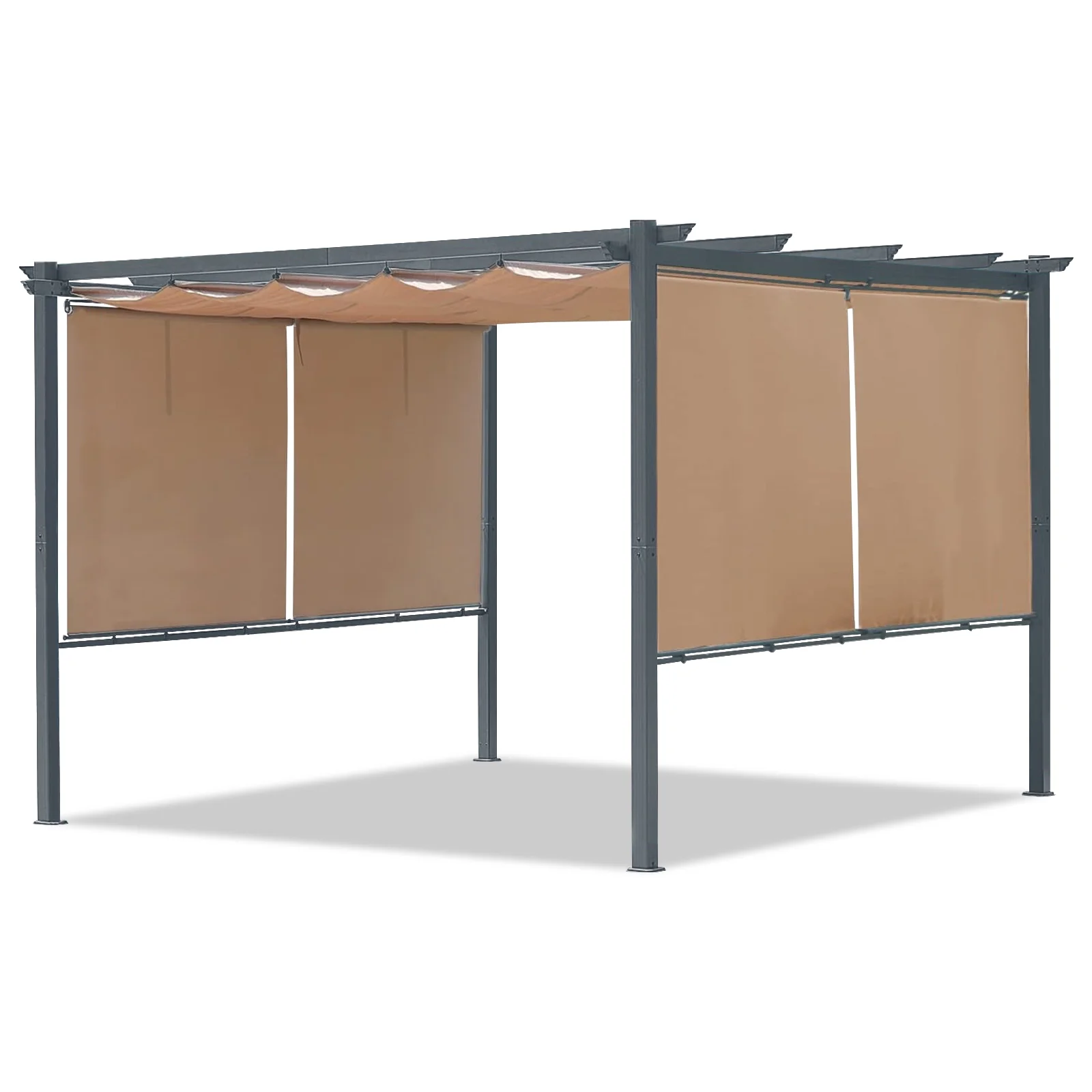 Aoodor 12 x 12 Ft. Outdoor Pergola with Retractable Shade Canopy, Dark Gray Matte Aluminum Frame, 4 Pieces Roller Shade Curtain, Grape Trellis Pergola for Patio Backyard and Deck - Brown