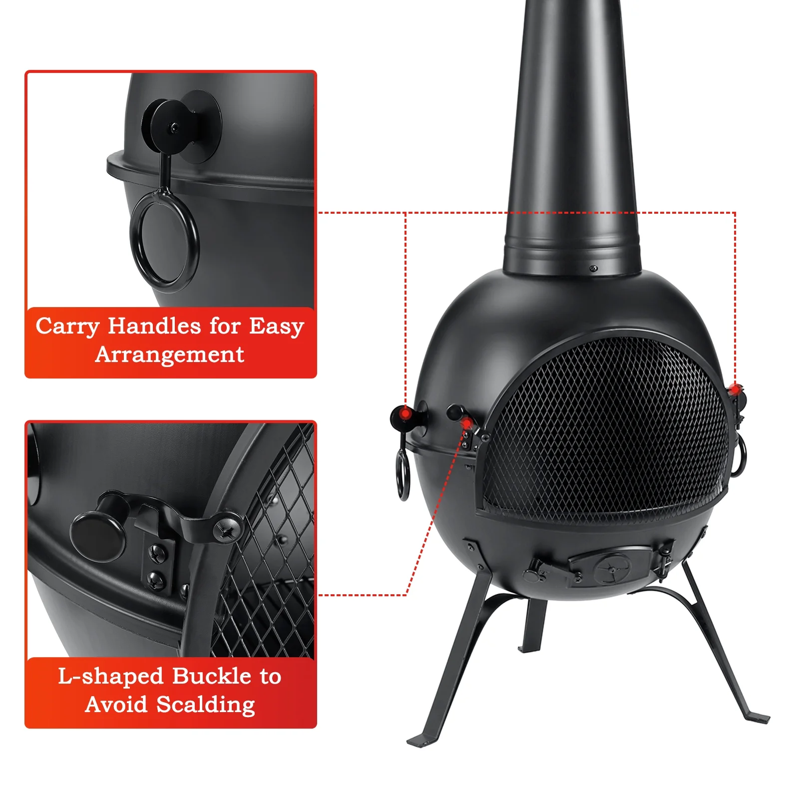 54.5in Fire Pit Chiminea Outdoor Fireplace Cast Iron Fireplace for Outside Garden Treasures Cast Iron Wood Burning Firepit Outdoor Heating with Log Grate, Poker and Cover