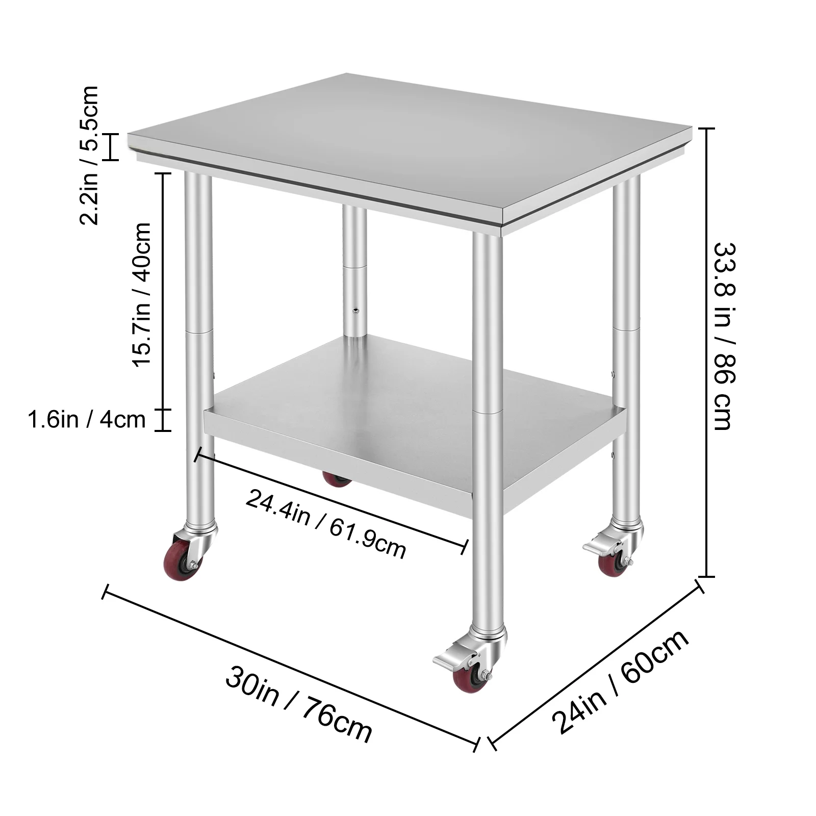 KFFKFF Stainless Steel Work Table with Wheels 24 x 30 Prep Table with Casters Heavy Duty Work Table for Commercial Kitchen Restaurant Business (24 x 30 x 32 in)