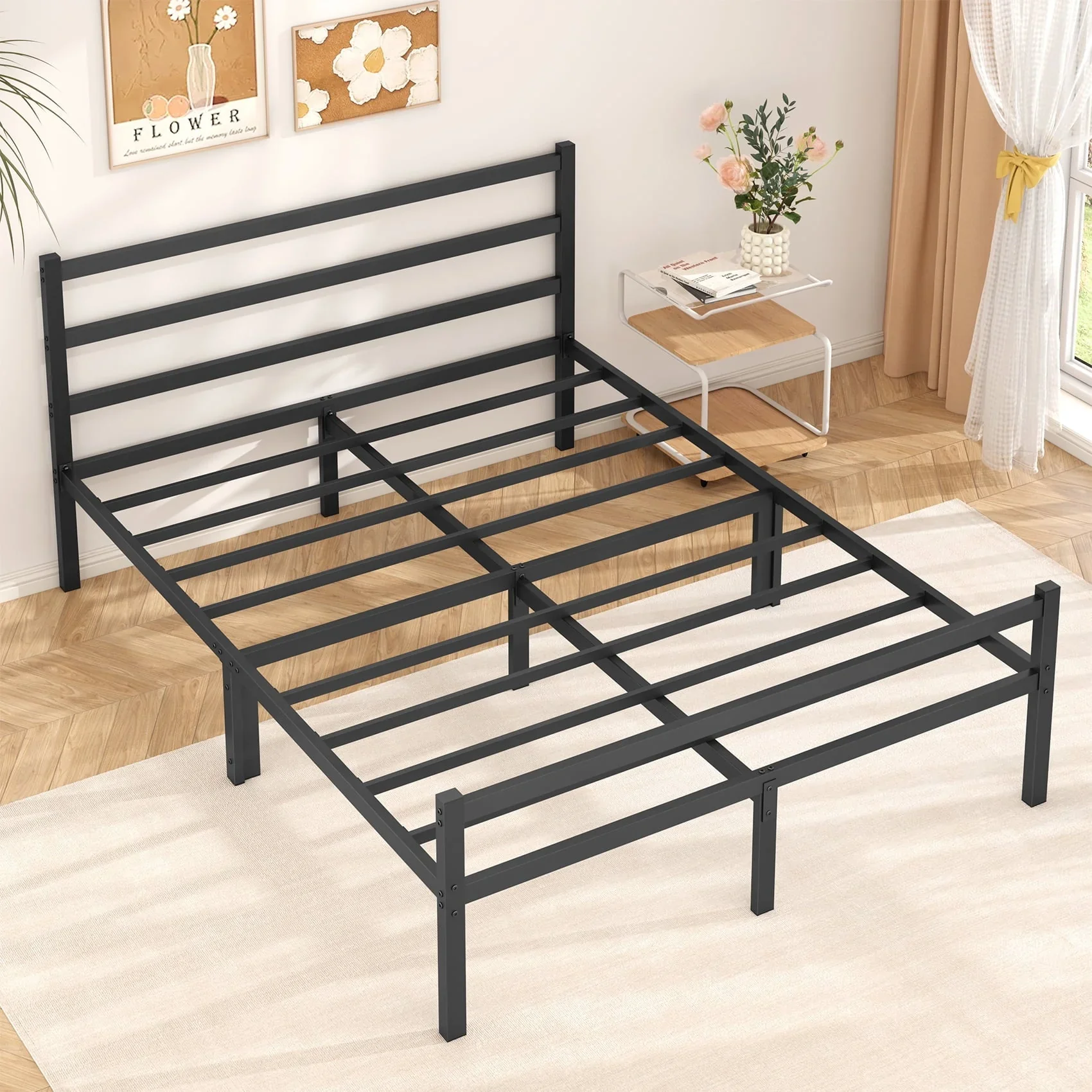 Mr IRONSTONE Heavy Duty Queen Size Metal Platform Bed Frame with Headboard and Footboard 14 High Under Bed Storage Space, No Box Spring Needed, Black