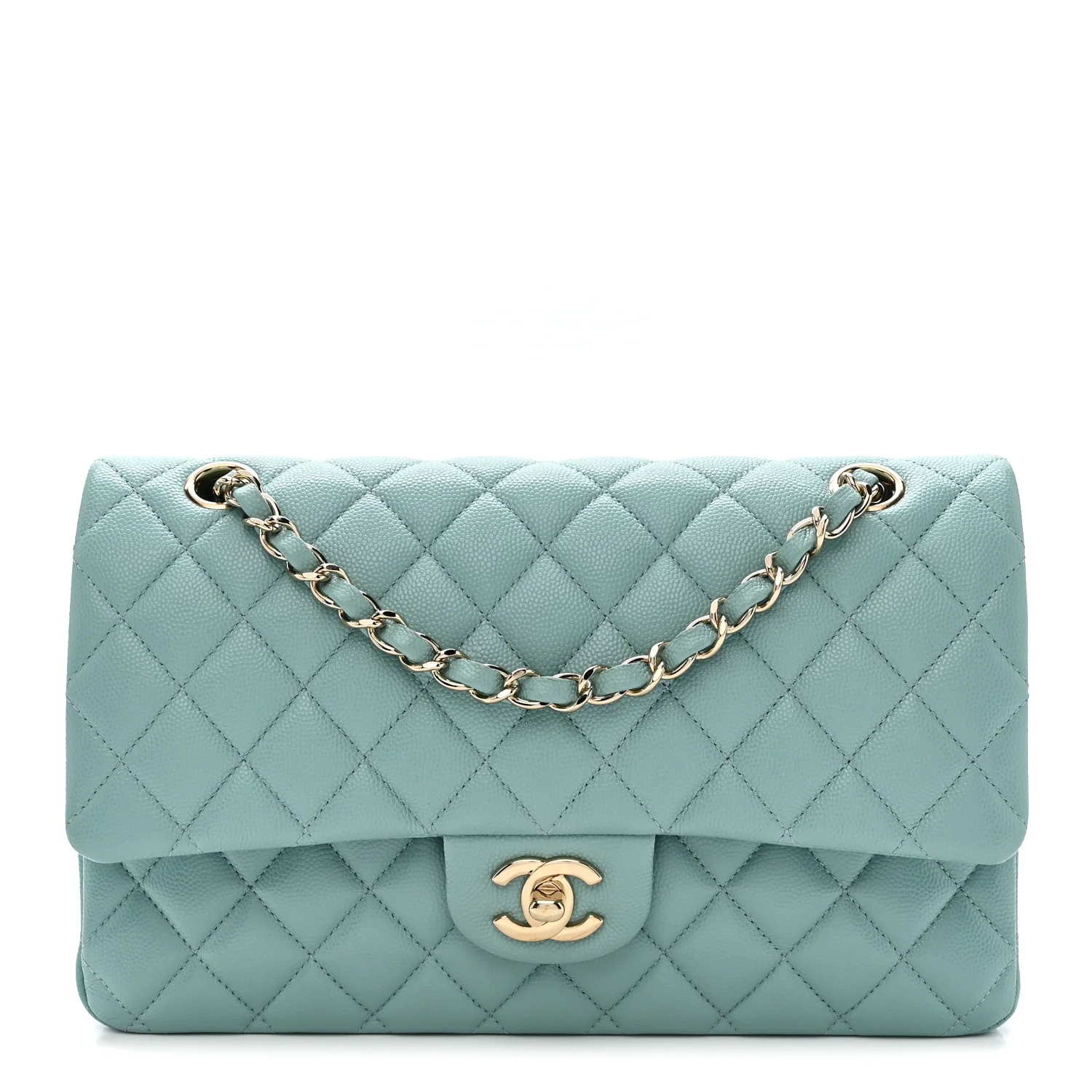 Caviar Quilted Medium Double Flap Light Blue