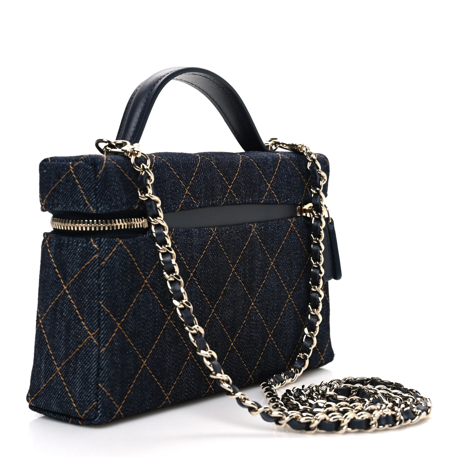 Denim Quilted Top Handle Slim Vanity Case With Chain Dark Blue Orange