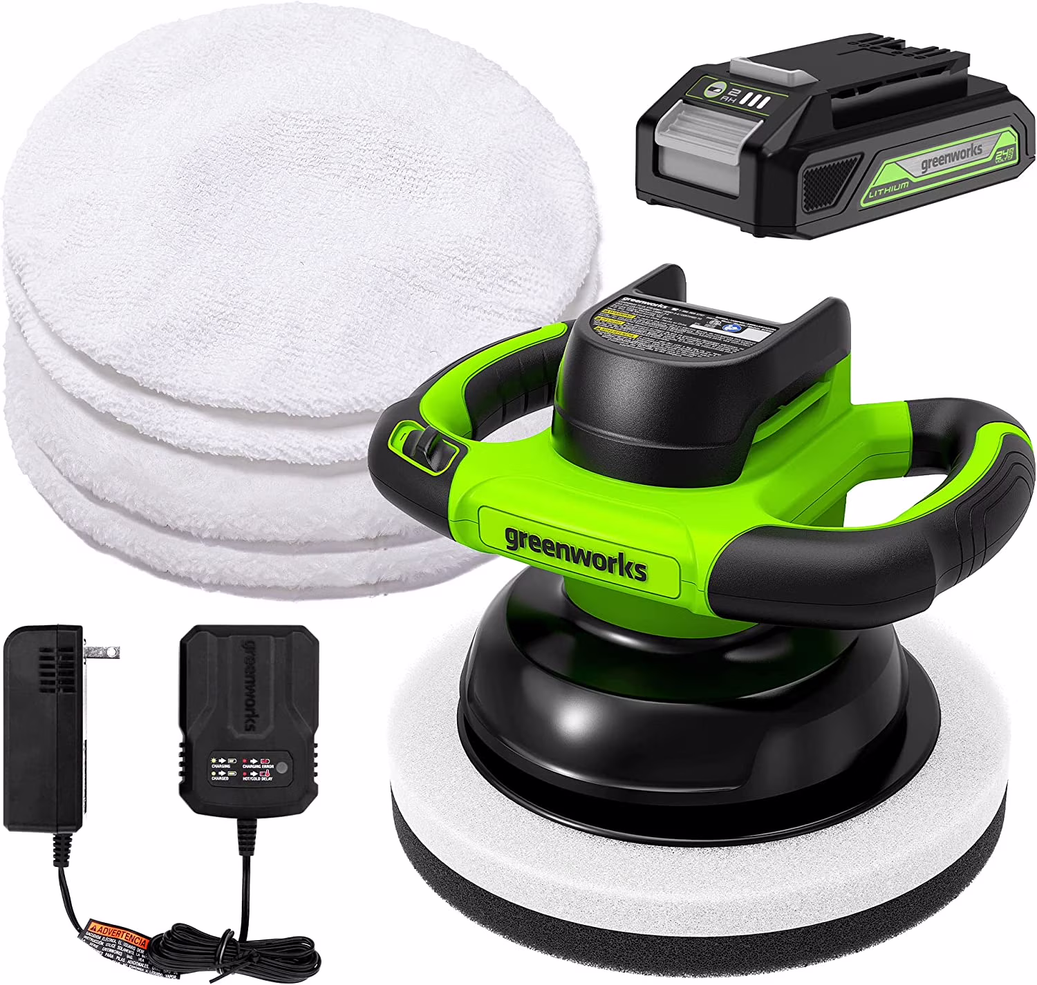 Greenworks 24V 10 Cordless 2800 RPM Buffer & Polisher, 2.0Ah Battery & Charger