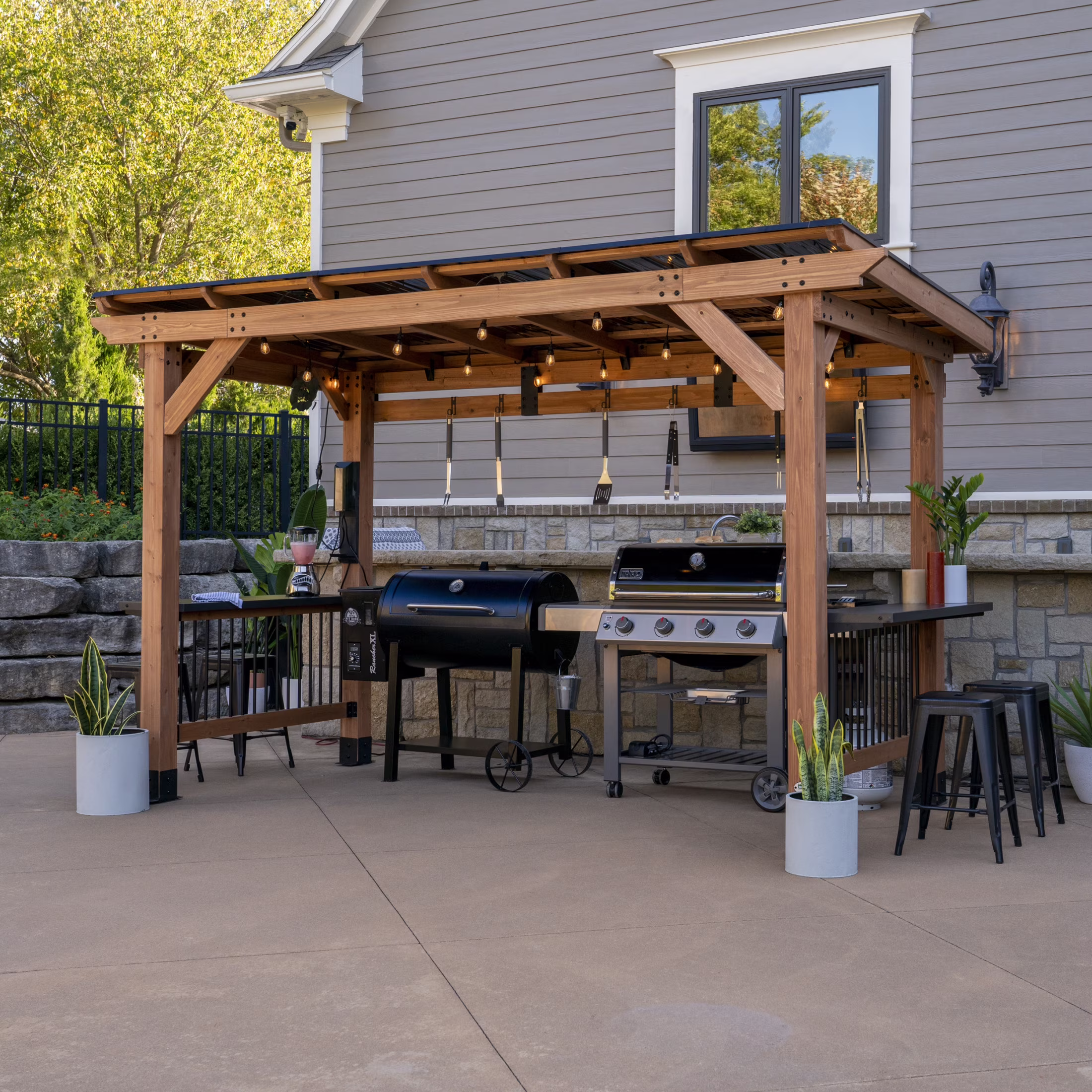 Saxony XL 12'x6' Cedar Grill Gazebo, Galvanized Steel Roof, Bar Tops