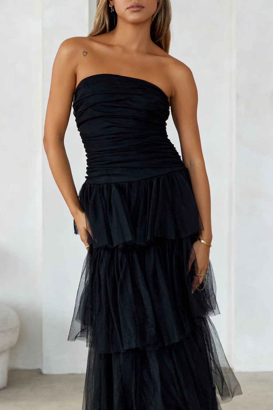 HELLO MOLLY Hidden Opal Strapless Tulle Maxi Dress Black