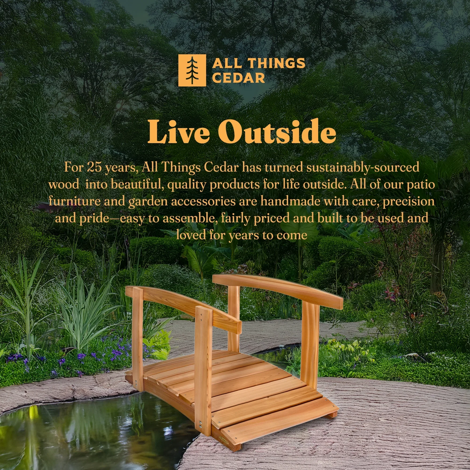All Things Cedar FB36-R 3-ft Cedar Wood Garden Bridge | Side Rails - 36L x 29W x 7H