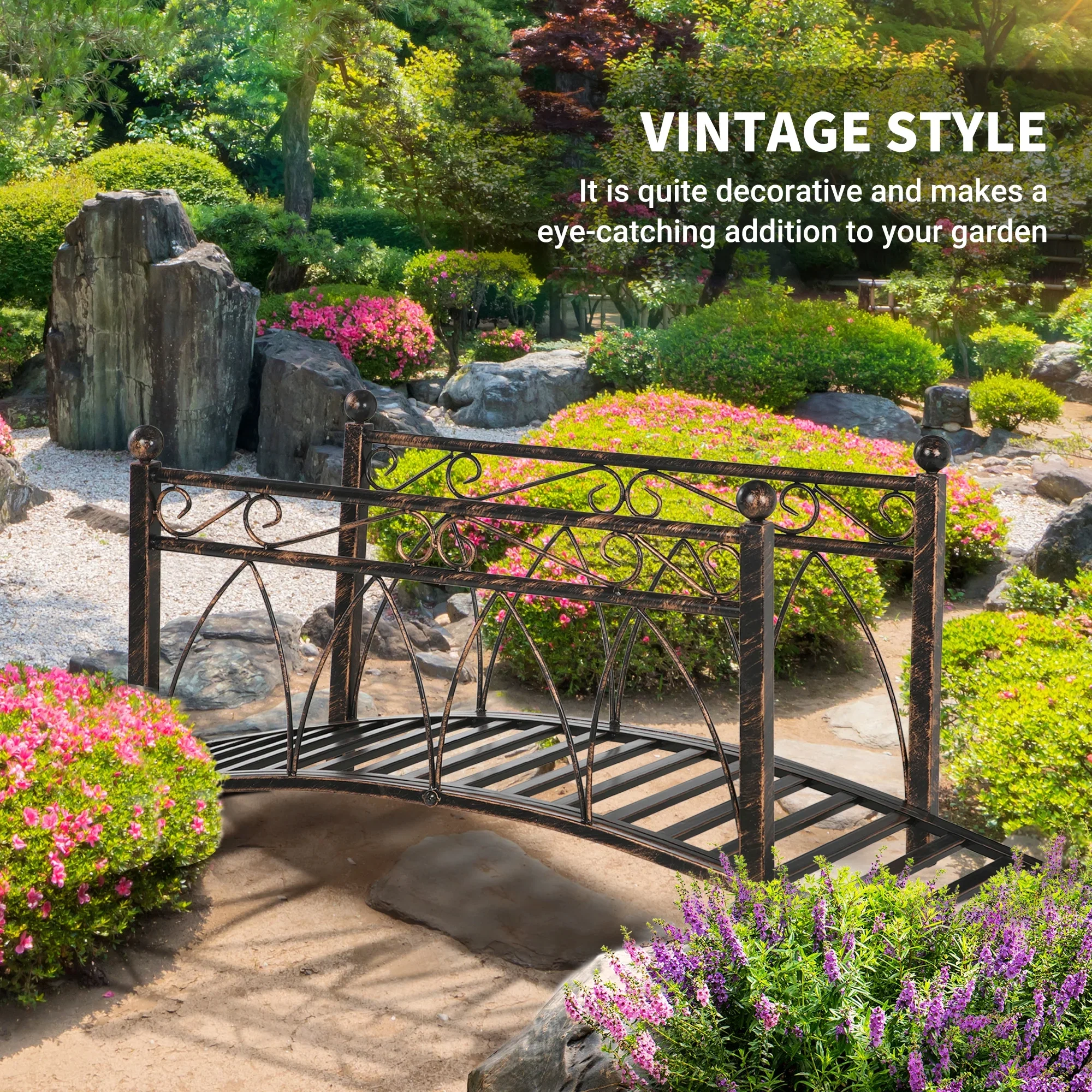Outsunny 3.3' Metal Arch Zen Garden Bridge with Safety Siderails, Decorative Footbridge, Delicate Scrollwork & Corner Spheres for Stream, Black