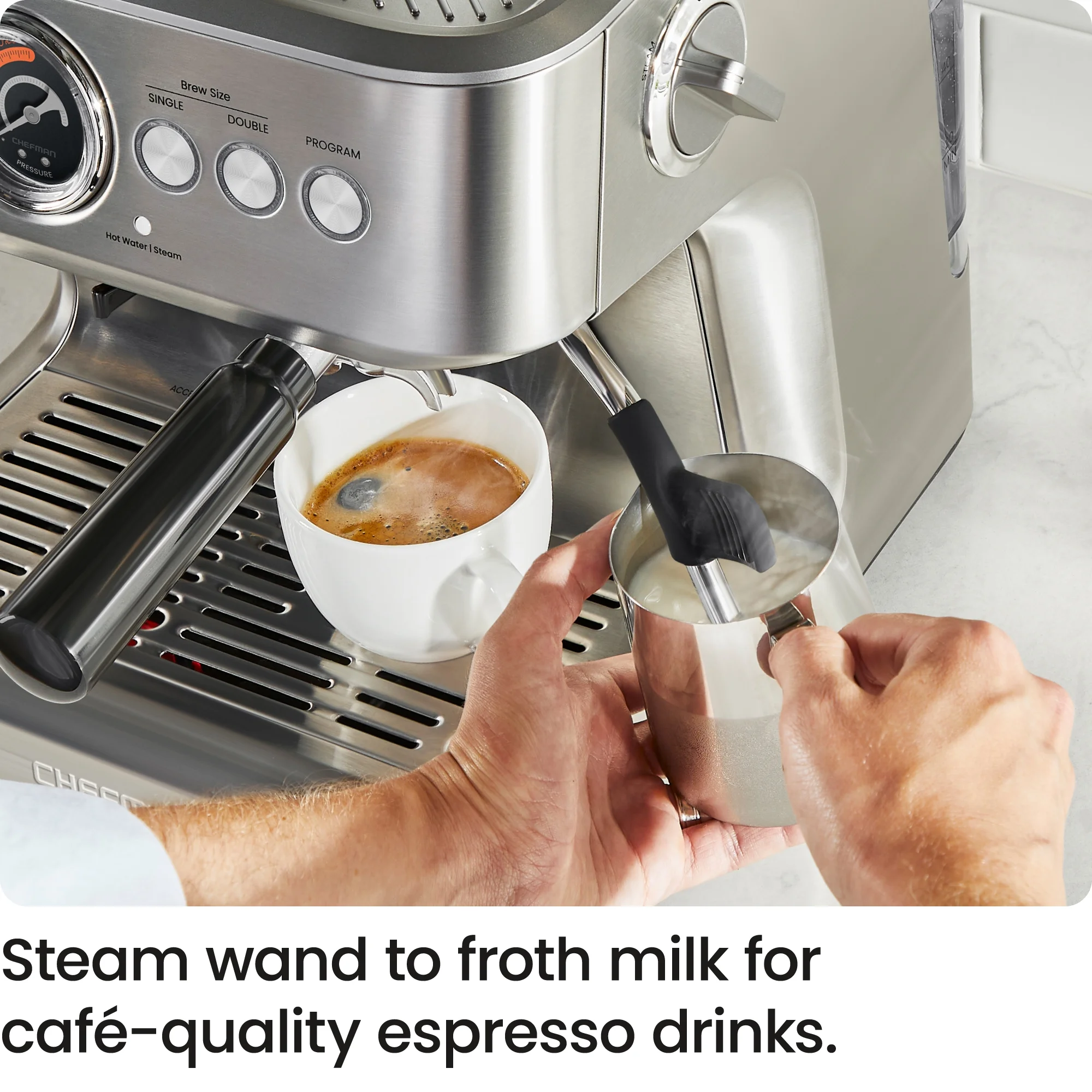 Chefman Crema Supreme Espresso Machine with Conical Burussian River Grinder and Steam Wand A?? Stainless Steel, New