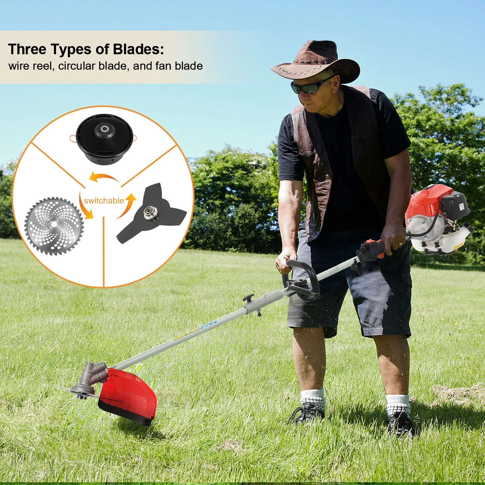 WETS 5 in 1 Garden Hedge Trimmer Combo,  52cc 2-Stroke Gas Powered Long Reach Pole Saw Grass String Trimmer Brush Tree Cutter Pruner Weed Eater Multi Functional Garden Trimming Tools