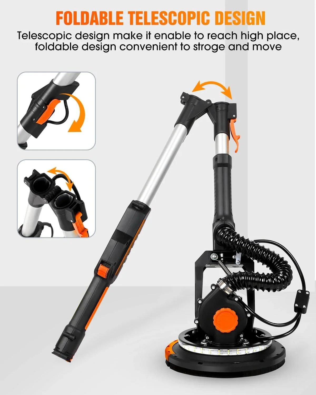 Electric Drywall Sander with Vacuum Dust Collection, Variable Speed, LED Light, Foldable Handle, Includes Sanding Discs & Grids for Home & Professional Use