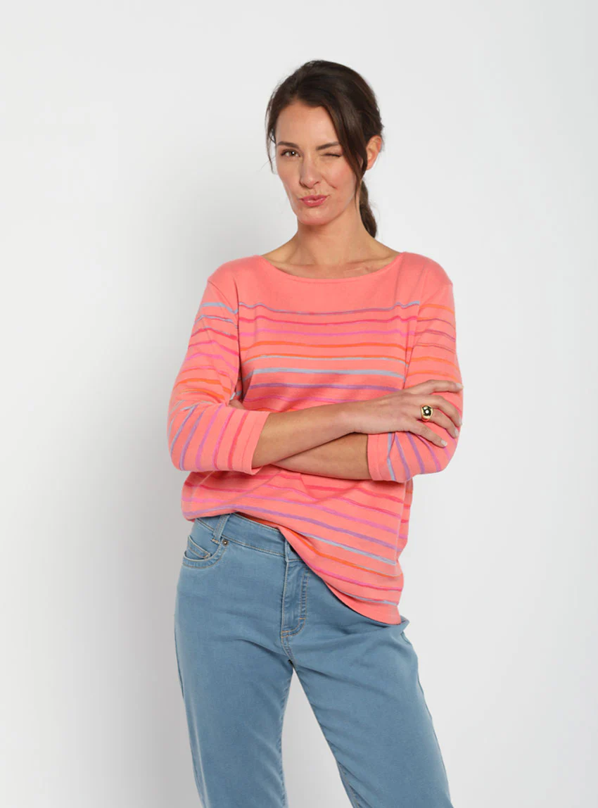 Pull marinière femme en coton rose