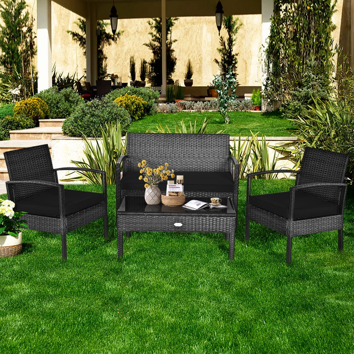 Costway 4PCS Patio Rattan Wicker Furniture Set Loveseat Sofa Cushioned Garden Yard Brown