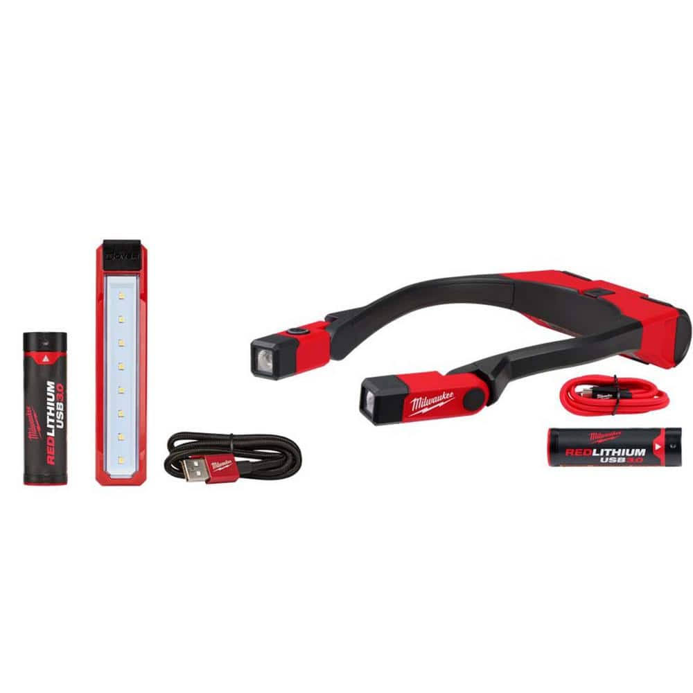 Milwaukee 400 Lumens LED REDLITHIUM Rechargeable Neck Light and 445 Lumens LED REDLITHIUM USB Rover Pocket Flood Light, Black