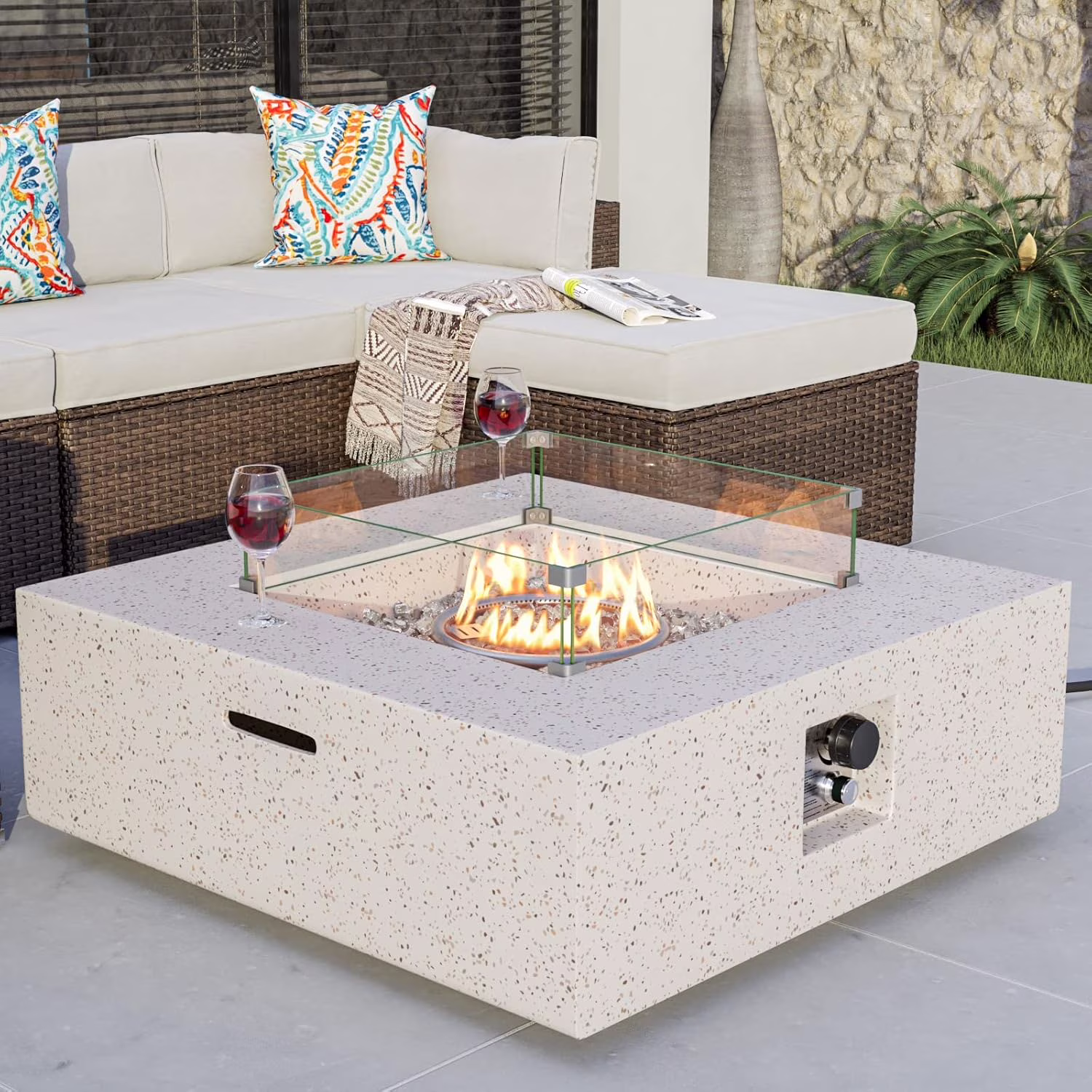 35" Square Concrete Fire Pit Table with Fire Glass Wind Guard(Brown/Blue Fire Glass)