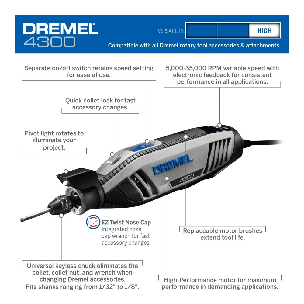 Dremel 4300 - 9/64 Platinum Edition Corded Rotary Tool, Variable Speed with 9 Dremel Tool Attachments, 64 Accessories, Storage Organizers & Dremel Tool Case, 1.8A/120V
