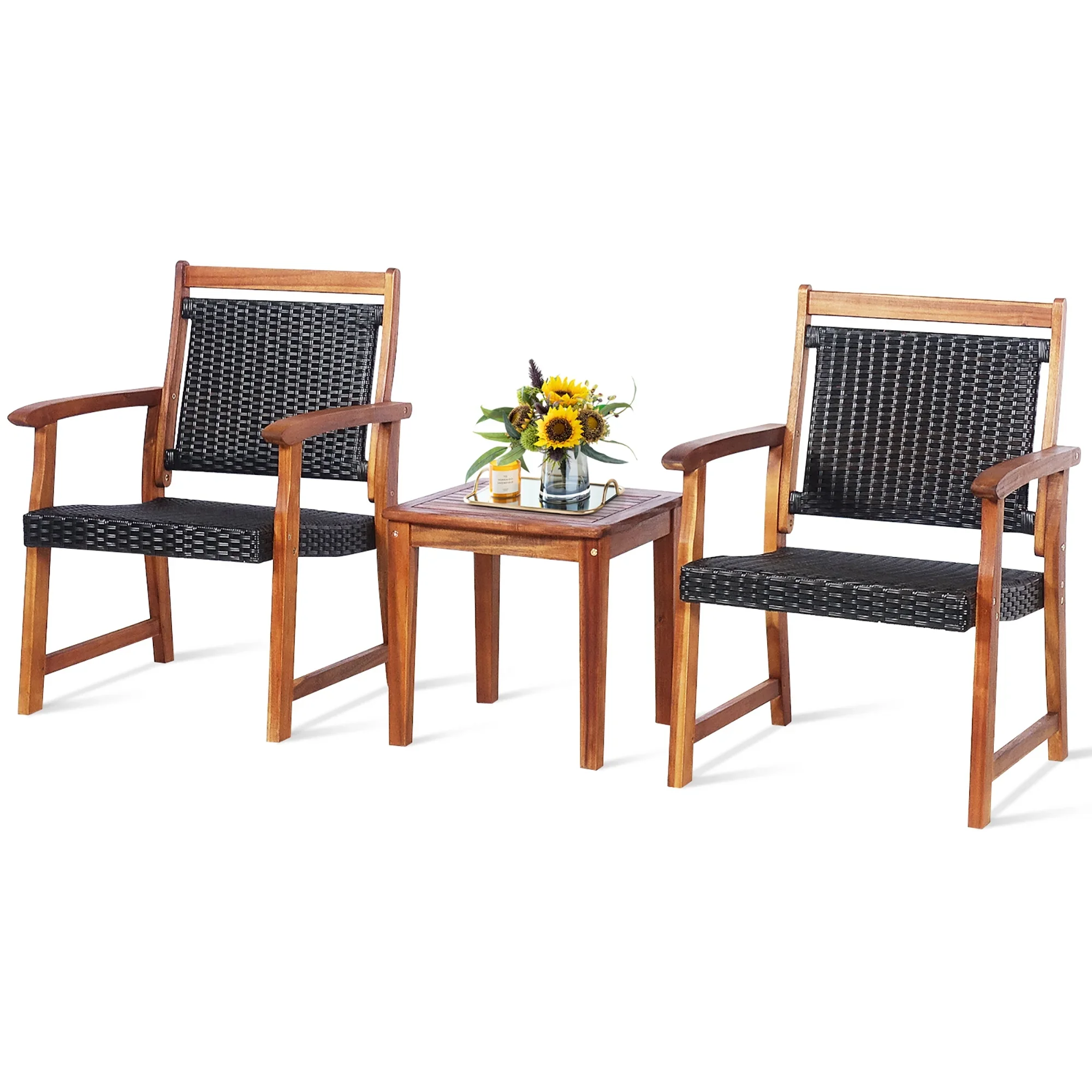 Costway 3PCS Patio Rattan Bistro Set Acacia Wood Frame Armrest Chairs Garden