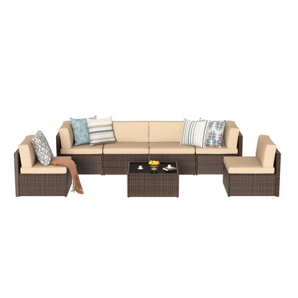 AECOJOY 7 Piece Outdoor Patio Furniture Set with Waterproof Cover, Brown & Beige