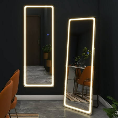 Neutype 63 inchx16 inch Modern Rectangle Round Angle LED Full Length Mirror Floor Mirror with Bracket,Silver, Size: 63 inch x 16 inch