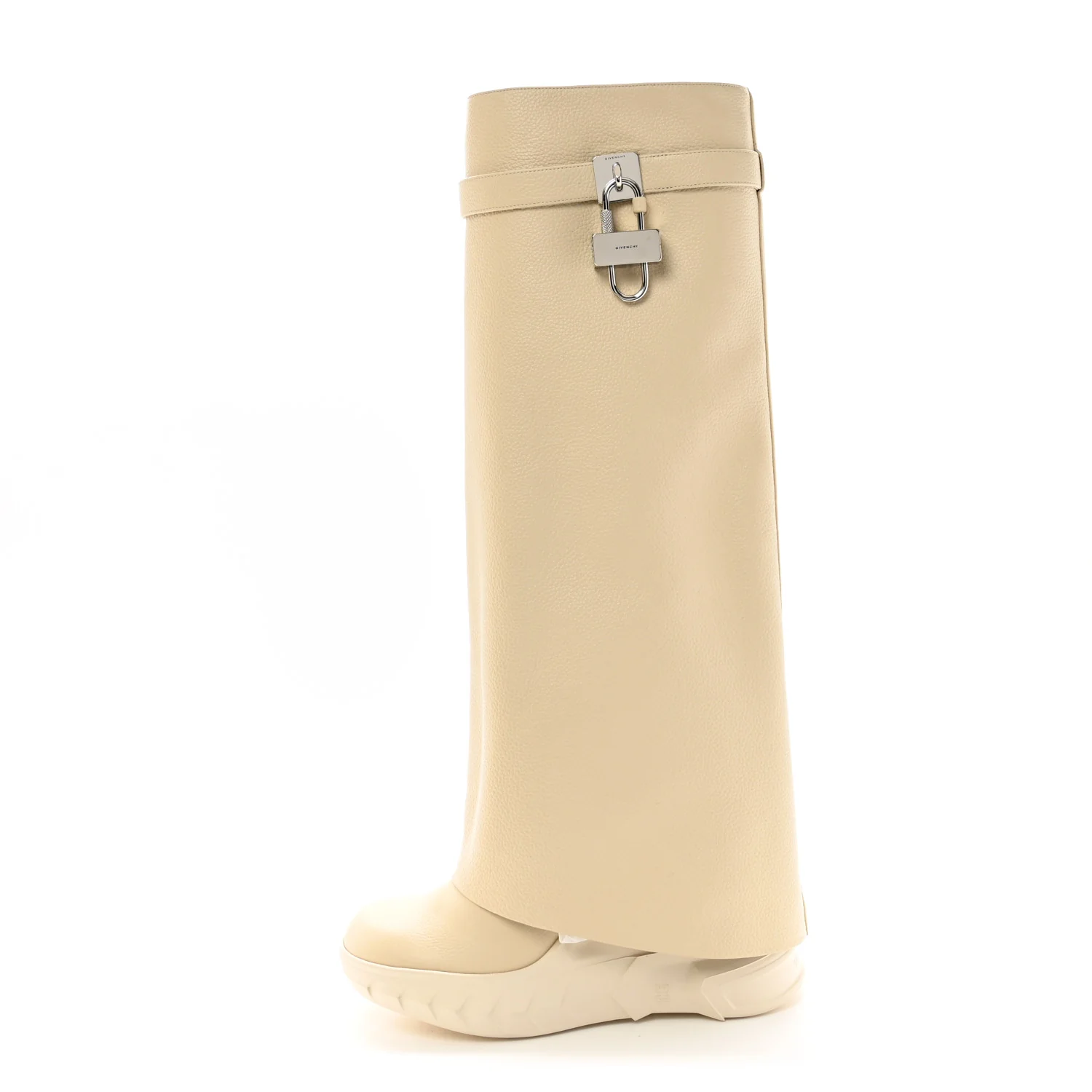 Grained Calfskin Shark Lock Biker Knee Boots 40 Beige