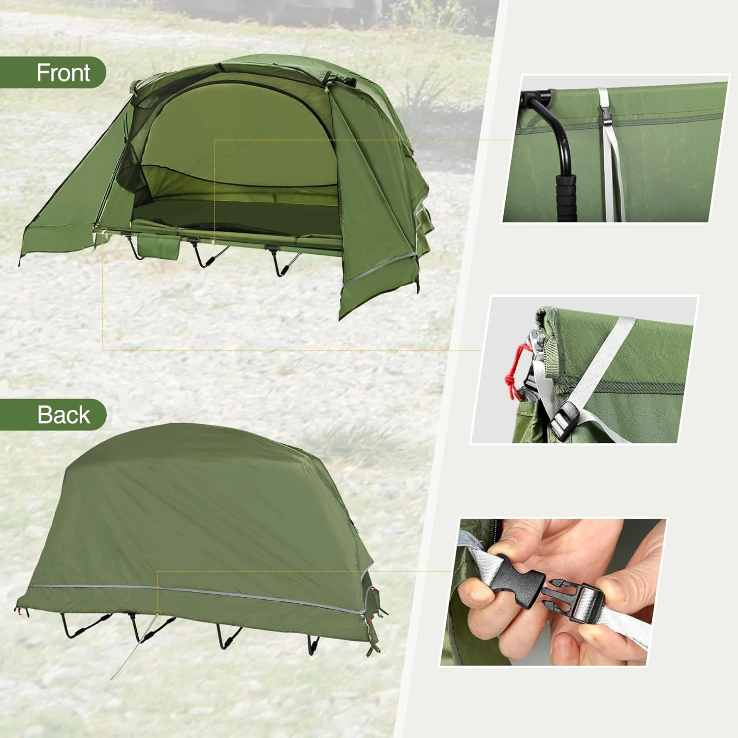 1 Person Camping Cot Tent for Adults, Waterproof Elevated Tent with Cot for Trip, Picnic, 75"x28"x48", Army Green - Image 6