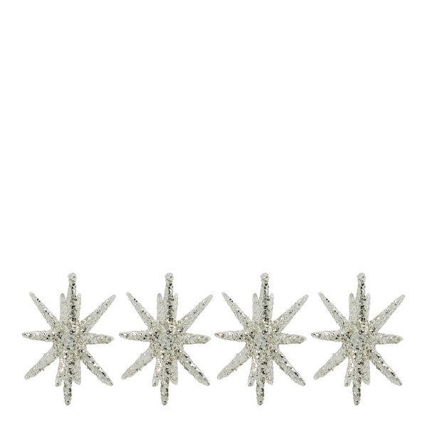 Spike juletrepynt stjerner 7,5 cm 4 stk sølv/glitter
