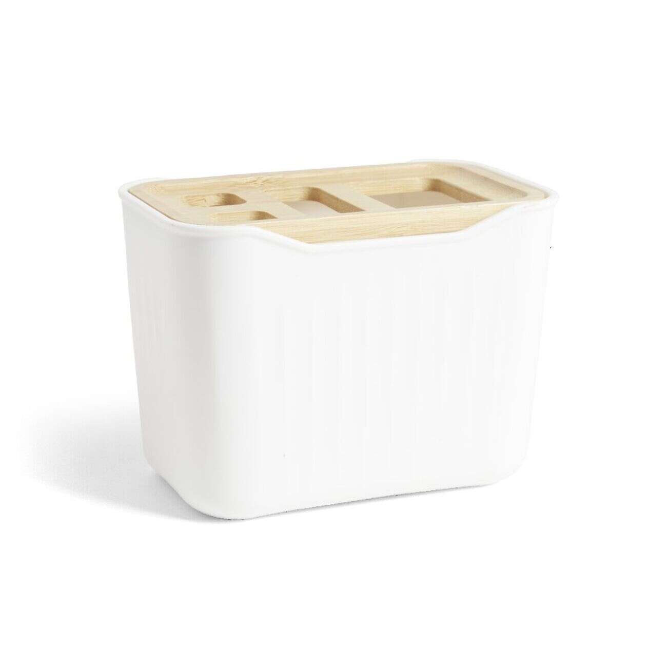 Support brosse à dent plastique blanc avec couvercle bambou 4 trous