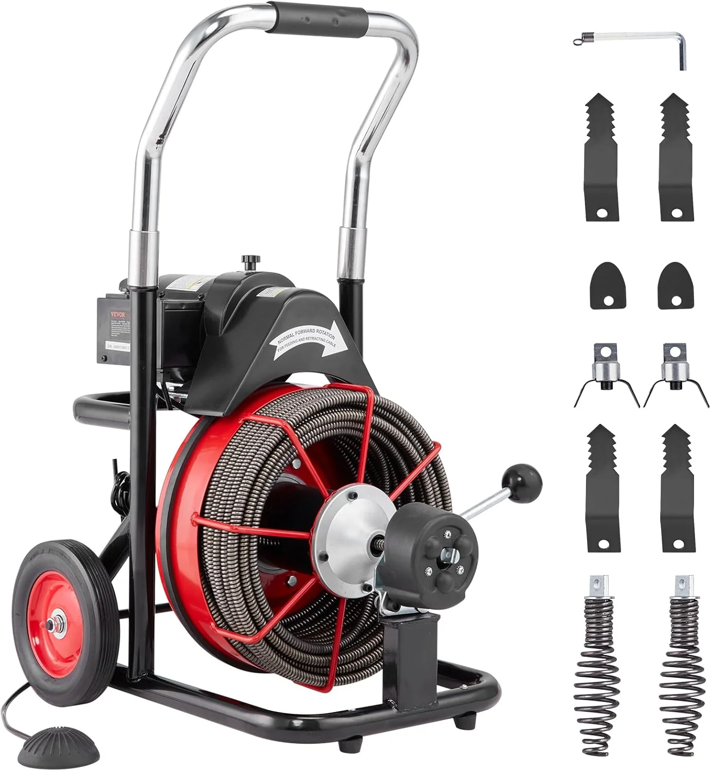 Déboucheur de canalisations portable 100 pi x 1/2 pouce, à alimentation automatique, sur roues, 550 W, avec 8 lames et interrupteur au pied pneumatique pour tuyaux de 2 à 4 pouces.