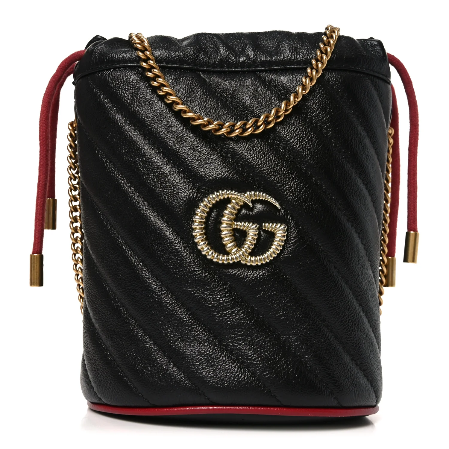 Vintage Effect Calfskin Matelasse Diagonal Mini Torchon GG Marmont 2.0 Bucket Bag Black Romantic Cherry