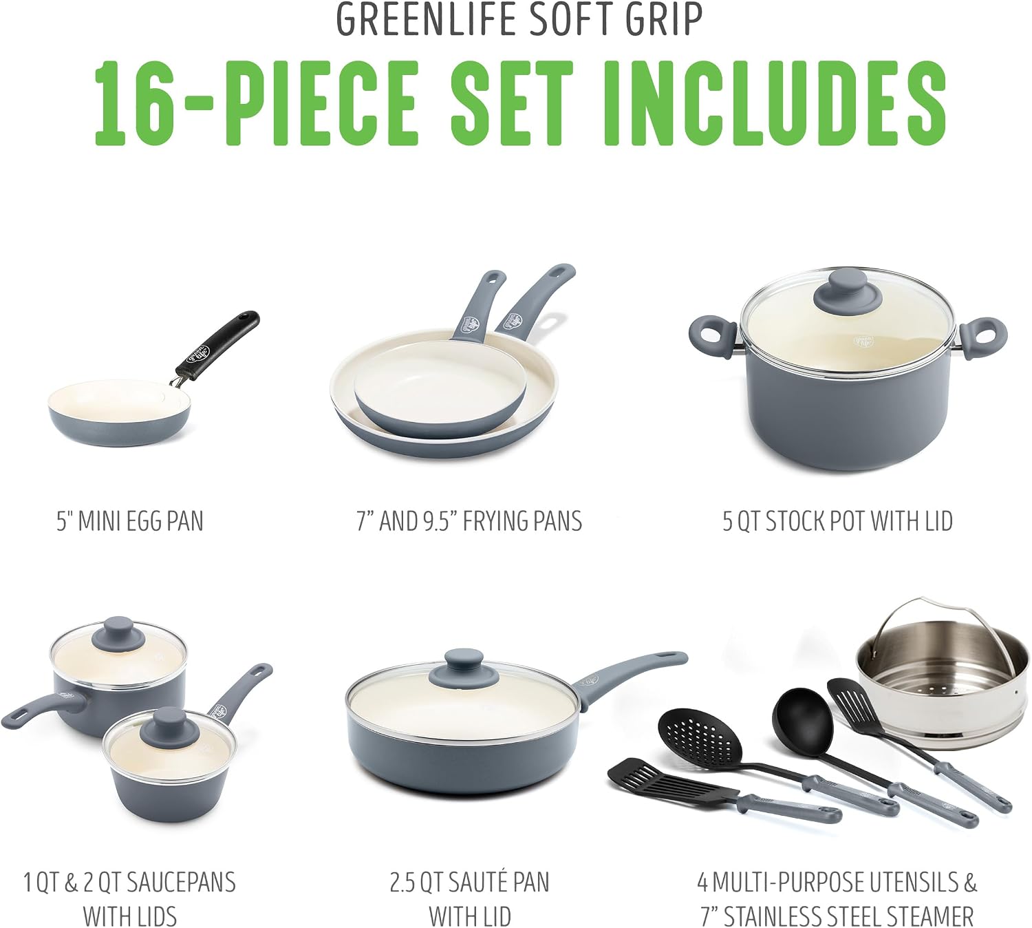 GreenLife 16 Piece Ceramic Nonstick Pots & Pans Cookware Set, Gray