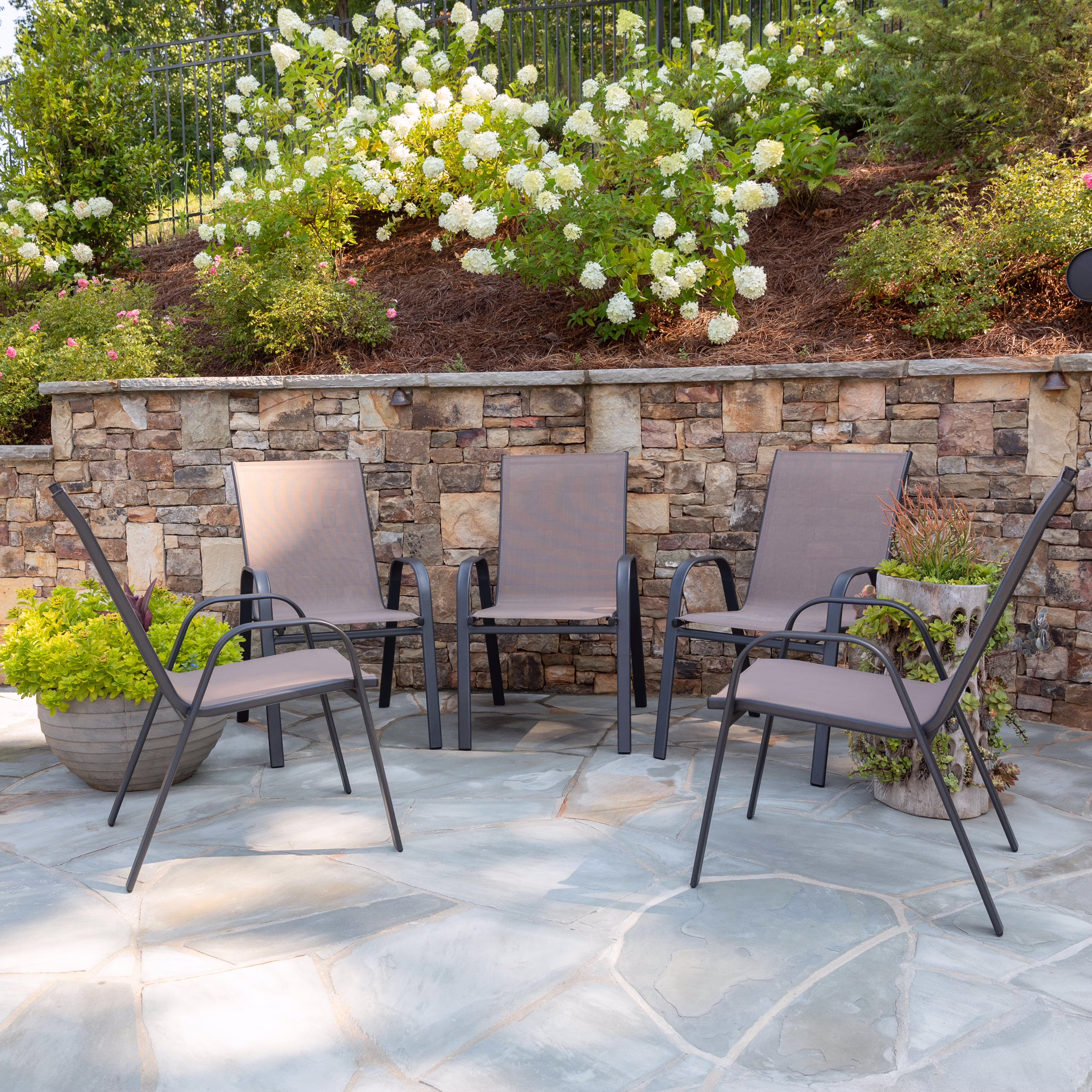 5 Pack Black Outdoor Stack Chair with Flex Comfort Material and Metal Frame(Black) Image 3